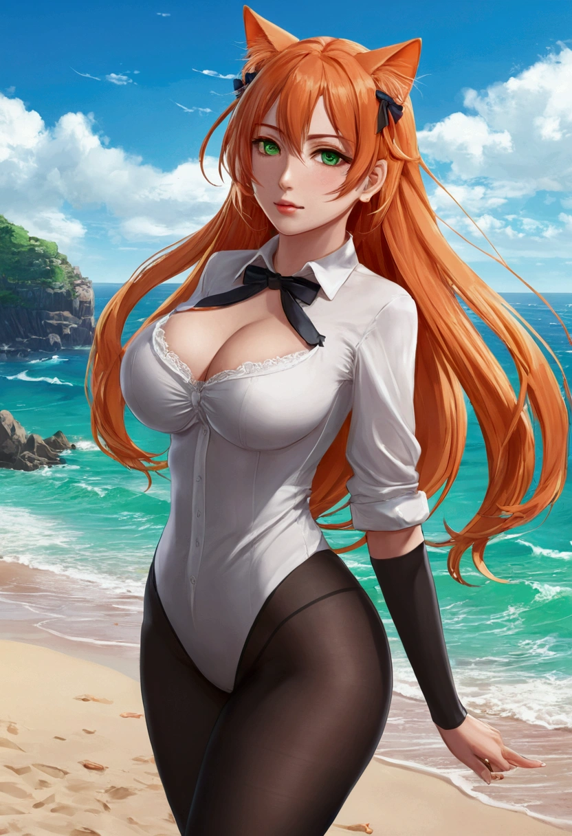 anime girl with long orange hair standing on beach near ocean, green eyes detailed digital anime art, cat ears, , anime girl with long hair, smooth anime cg art, anime girl with long hair, average breast size, digital anime art, artwork in the style of guweiz, beautiful anime portrait, photorealistic anime girl render, beautiful anime girl, perfect woman, advanced digital anime art, pantyhose, guweiz on artstation pixiv upscale HD UHD HQ big ass big tits