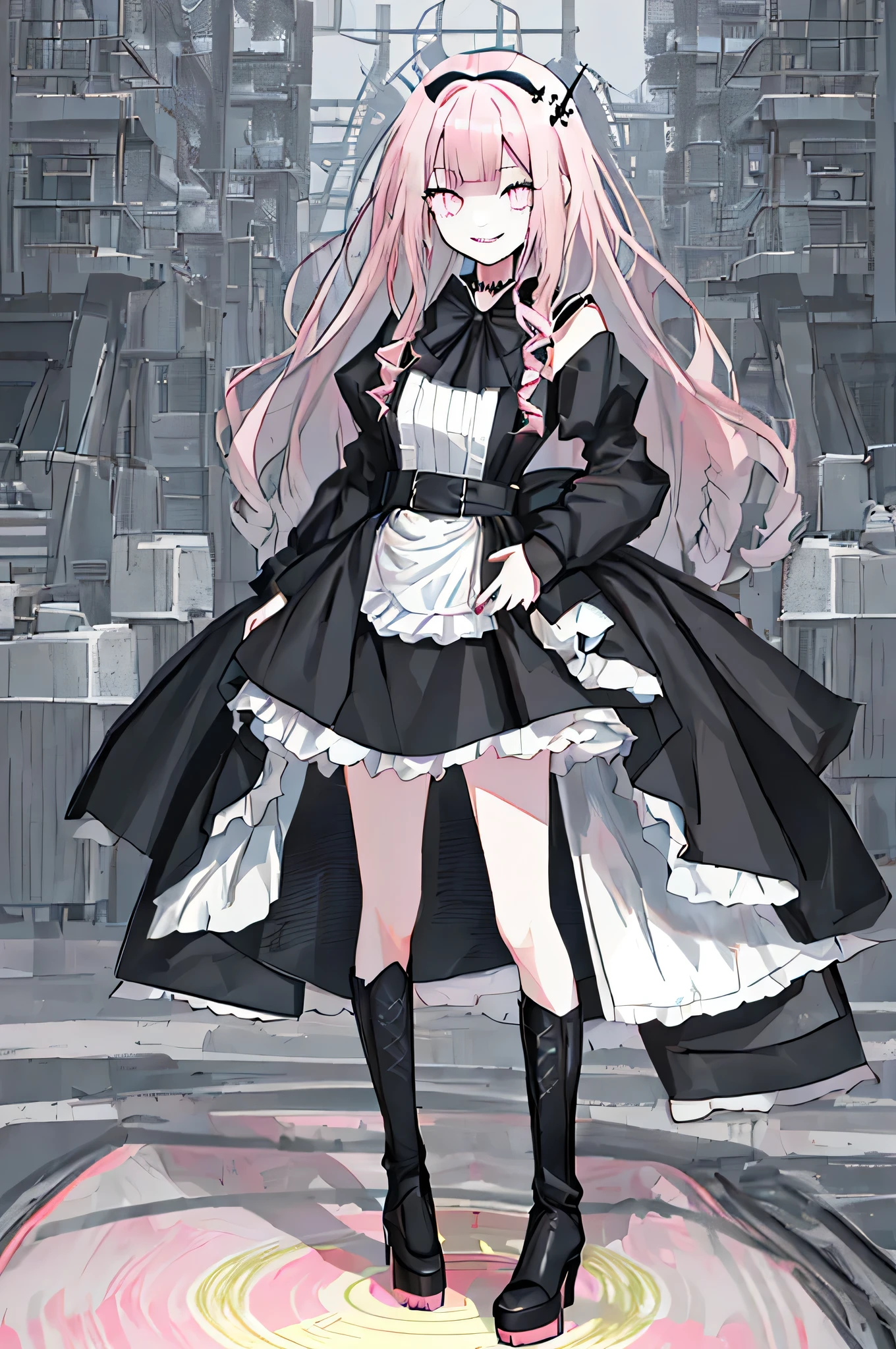 (solo), (girl),(((adult))), (pink eyes),(black long hair),(blunt bangs),(+perfect hand+:1.21),(Draw an illustration of cute girl),(slender),white skin,(white and black maid clothes),laugh,smile,((((adult)))),standing , black and white clothes,((black long hair)),((black long hair)),((black long hair)),((black long hair)),((dynamic angle)),(dynamic pose), hall,evil smile,((factory background)),((full body)),((full body)),((full body)),(gothic boots),thin legs,slender,