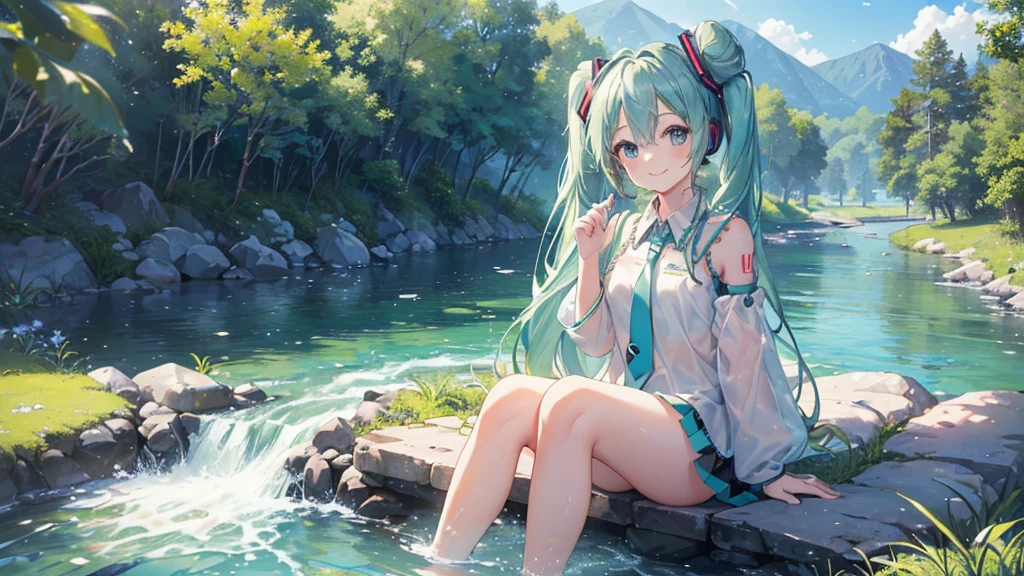 (((Highest quality、masterpiece、Ultra-fine、Ultra-fine、Bun Hair,Green Hair,Exquisite、16K、,The best smile,Full HD、Asahi、Sitting,Hatsune Miku,))), ((summer,White casual clothes,)))Blue Eyes、Long eyelashes、White skin、(Pale pink lips、Pale pink cheeks、thin and long)、 (((cute,The best smile)), ((One person)) 、(blue sky)) 、 (I soak my feet in the babbling river and the cool water feels so good.)、