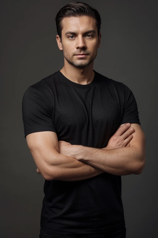 photo booking of a executive man, black t-shirt, crossed arms, approximately 30 years old, grey background