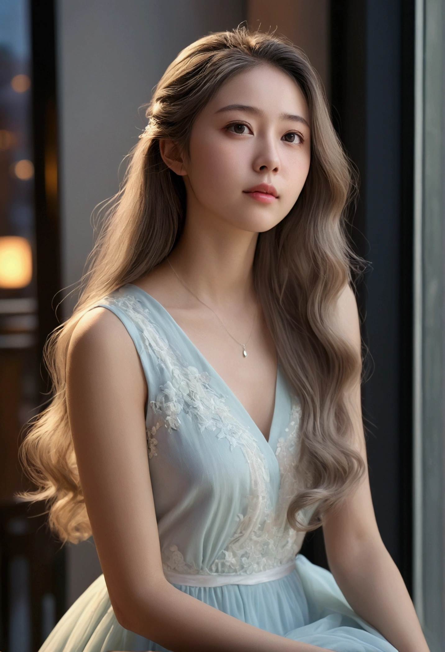 Highest quality,4K,8k,High resolution,masterpiece:1.2,Very detailed,Realistic:1.37,Portraiture,Soft colors,Gentle light,A girl exuding fatigue,Long flowing hair,Delicate features,Deeply contemplative eyes,White skin,Happy expression,Soft pastel colors,Great atmosphere,Sleeveless dress,Subtle brushwork,Dreamlike composition,Gazing into the distance,,Romantic atmosphere、Roppongi nightlife、,Calm colors,Soft Shadows、