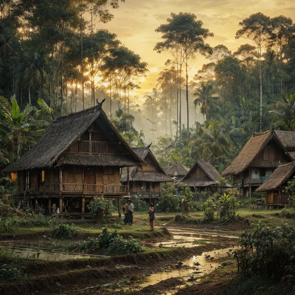 hard palette painting, in a village in Sumatra, Indonesia, be found sebuah masyarakat desa pada tahun 1935, several simple wooden houses with black thatch roofs, be found hutan, shady trees, with big roots and low trees, coconut tree, banana tree, A little, be found pegunungan dan hamparan sawah, it started to get dark in the afternoon, be found , Real picture, naturalistic, canvas base, Affandi style.