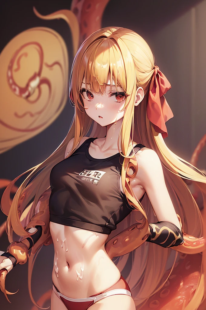 masterpiece, best quality,anime style, 1 girl,(((slender body))), (((small eyes,small breast))),(((gym uniform,sports bra,buruma,red hair ribbon))),(((brown tentacles bound a girl))),((((cum)))), (beautiful face), (((long hair))), (((straight hair))), ((((blonde hair)))),detailed beautiful skin, (perfect hands, perfect anatomy),scream