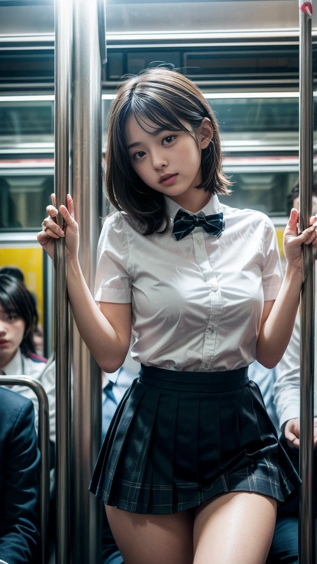 masterpiece, Highest quality, 8k, Young and beautiful girl, 、The clothes are big、photo shoot, Cute Face, Thighs, (((A lot of men、crowded train、in the train、Surrounded by men、Being touched、Being molested))) (((Embarrassing)))、Embarrassing、No makeup, 10 generations, Detailed face, Background Blur、Tight waist、((((School uniforms、White shirt、Checked mini skirt、Lift up your skirt、Showing pussy、Show me your pussy)))), short hair、Light brown hair、((痛みに耐えながら自分でLift up your skirtください..))、Bright classroom、Thighs、Spread your legs、short hair、(Droopy eyes、Round face、Lovely)、((Many Hands、Please touch my whole body))、(Please be molested by a lot of men、I&#39;ve been molested from behind)、genital、Touching the body、Chest rubbed、Having your groin touched、Many Handsに