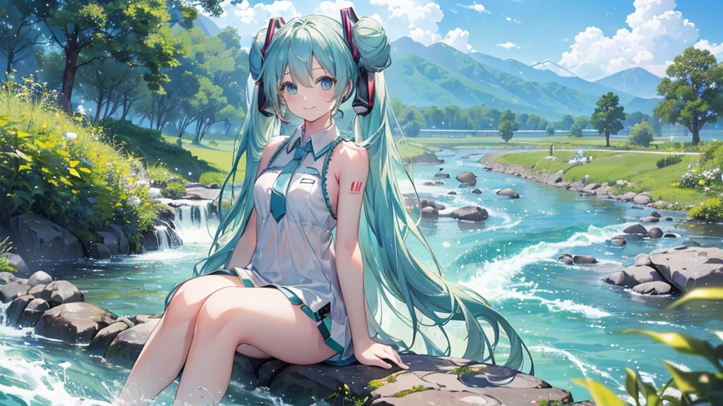 (((Highest quality、masterpiece、Ultra-fine、Ultra-fine、Bun Hair,Green Hair,Exquisite、16K、,The best smile,Full HD、Asahi、profile,Sitting,Hatsune Miku,))), ((summer,White casual clothes,)))Blue Eyes、Long eyelashes、White skin、(Pale pink lips、Pale pink cheeks、thin and long)、 (((cute,The best smile)), ((One person)) 、(blue sky)) 、 (I soak my feet in the babbling river and the cool water feels so good.)、