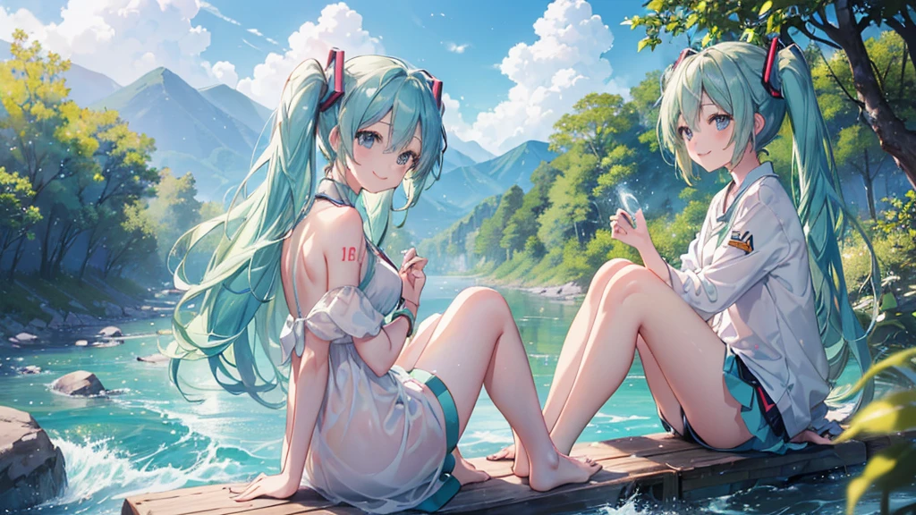 (((Highest quality、masterpiece、Ultra-fine、Ultra-fine、Bun Hair,Green Hair,Exquisite、16K、,The best smile,Full HD、Asahi、profile,Sitting,Hatsune Miku,))), ((summer,White casual clothes,)))Blue Eyes、Long eyelashes、White skin、(Pale pink lips、Pale pink cheeks、thin and long)、 (((cute,The best smile)), ((One person)) 、(blue sky)) 、 (I soak my feet in the babbling river and the cool water feels so good.)、