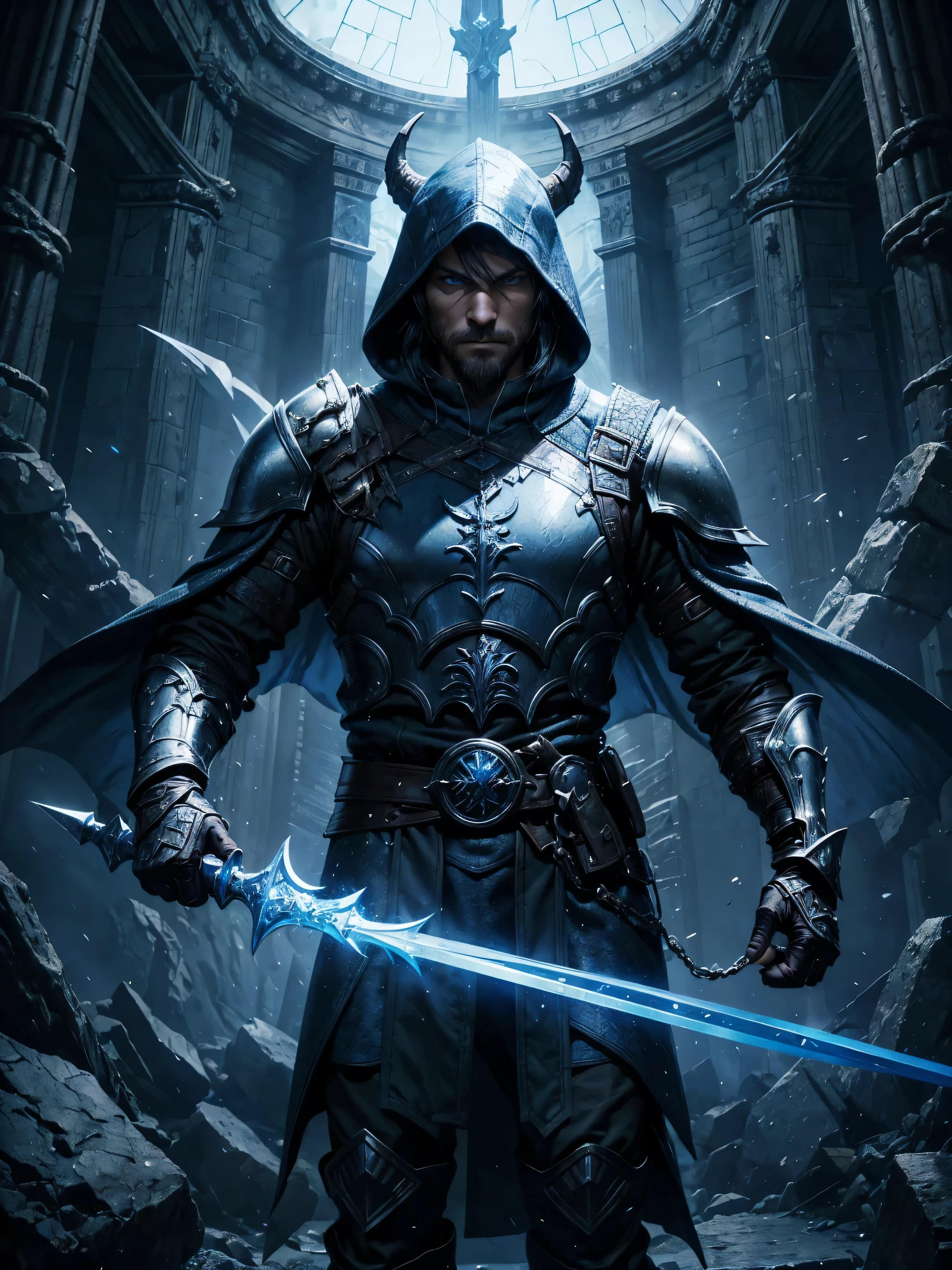 (Name: Morgan Reyes), Nord Dragonborn from skyrim, hooded down, Detailed, Handsome, Blue Eyes Color, In a Castle, Dragon Aspect Aura glow effect, , perfect anatomy, Young