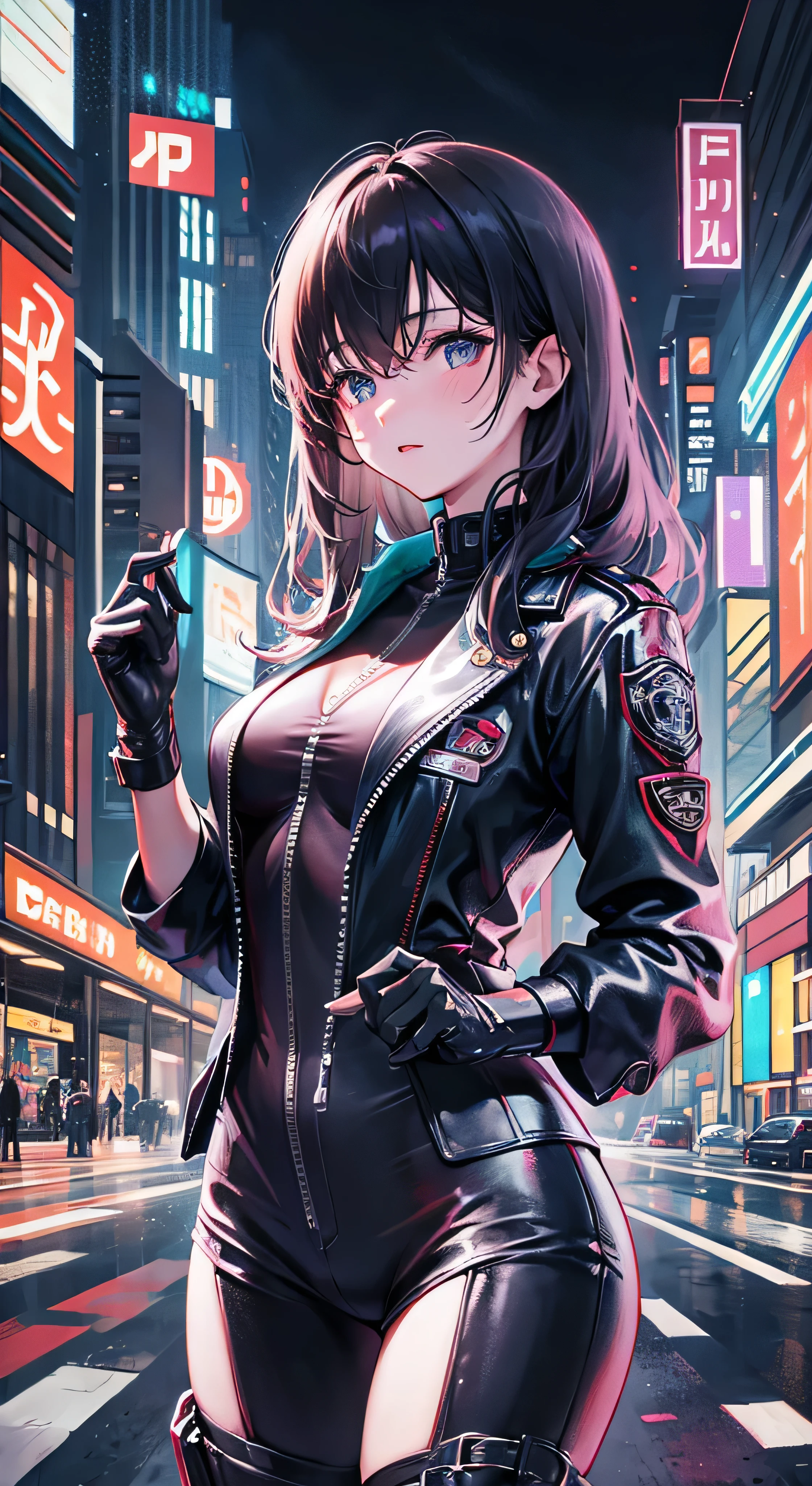emb-haiz in cyberpunk town at night、beautiful face portrait。She is wearing a white leather open jacket、Black Jeans、Dramatic lighting(Police Badge:1.2)I am wearing。