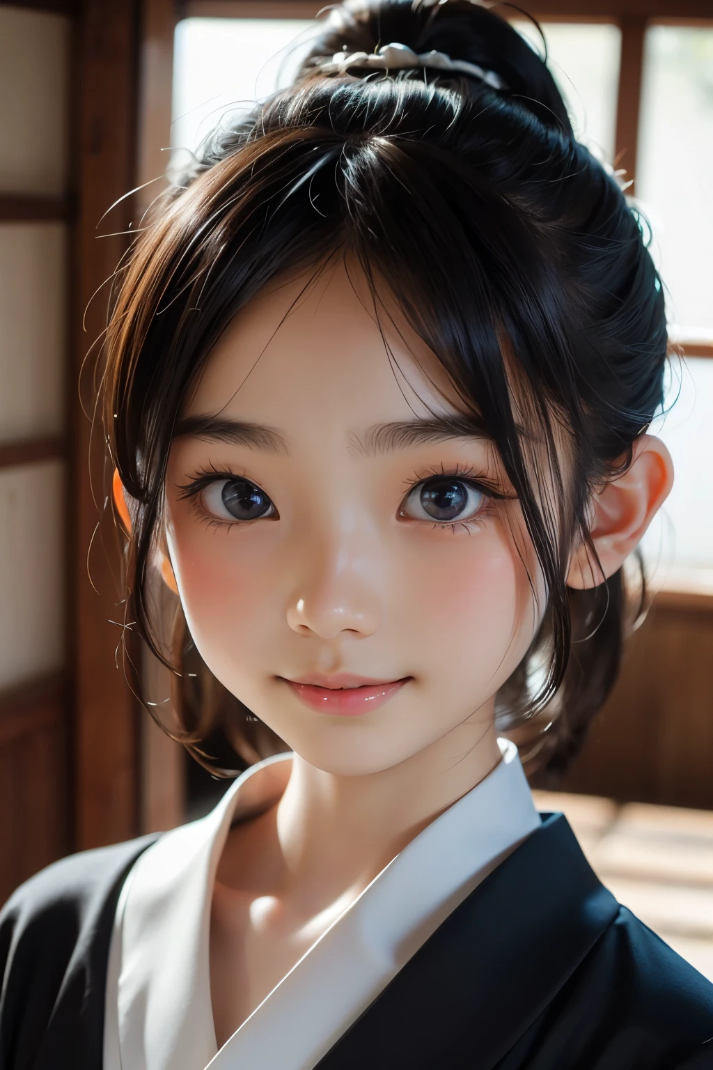 Beautiful 12 year old Japanese woman), cute face, (deeply carved face:0.7), (freckles:0.6), soft light,healthy white skin, shy, (serious face), thin, smile, japanese , ponytail