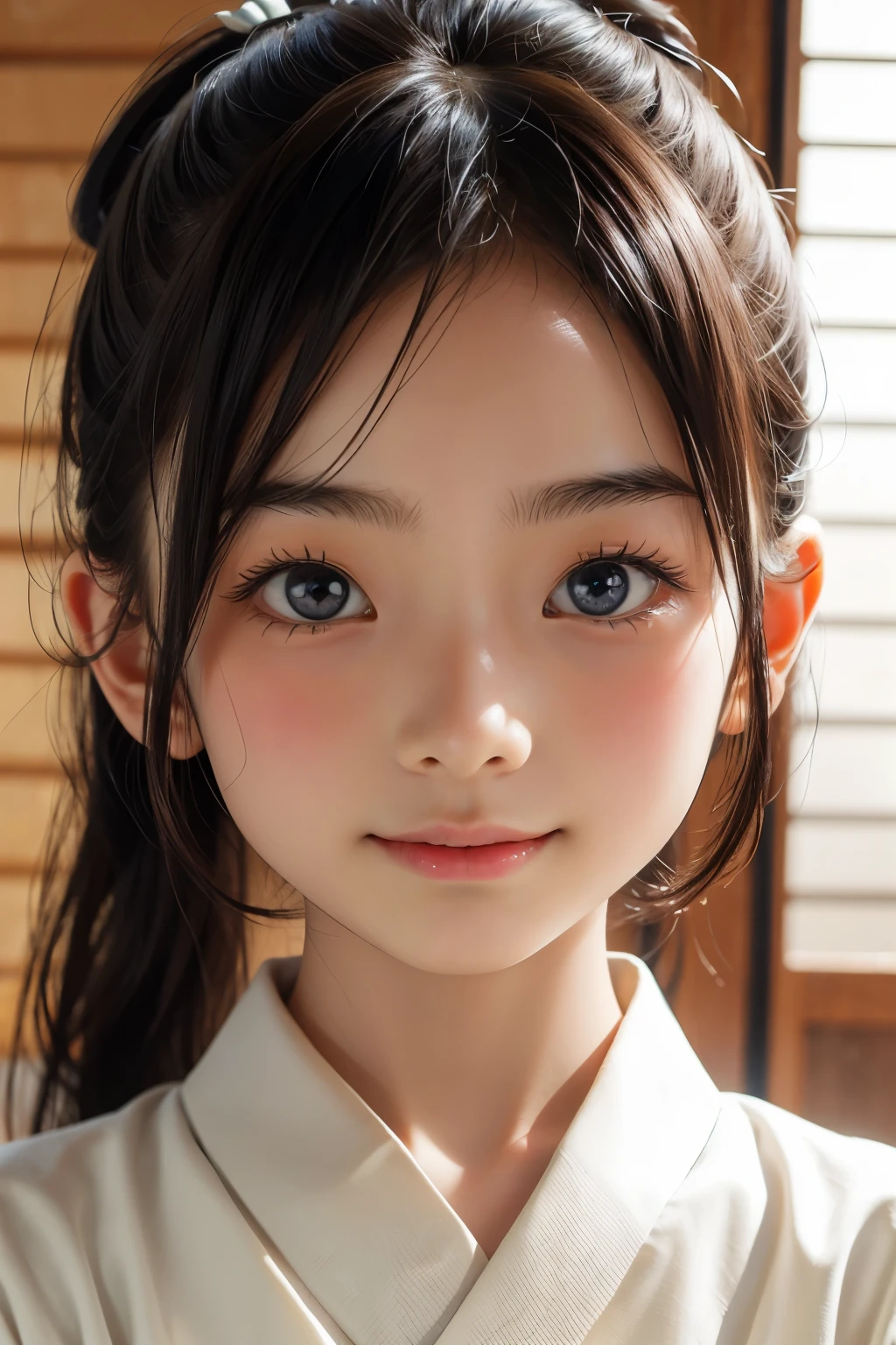 Beautiful 12 year old Japanese woman), cute face, (deeply carved face:0.7), (freckles:0.6), soft light,healthy white skin, shy, (serious face), thin, smile, japanese , ponytail