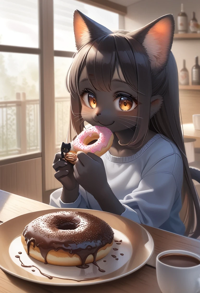 ((Masterpiece)), ((Best Quality)), (Very Detailed), ((Very Detailed)), 4K, (8K), very aesthetic, absurdres highres, 1 girl, (anthropomorphic Black cat, furry, kemono:1.5), Inside a cafe, a girl wearing casual clothes is happily eating a chocolate donut. The interior of the cafe is bathed in warm natural light, creating a warm atmosphere. The girl's smile shines and the donut's chocolate melts in a realistic depiction.