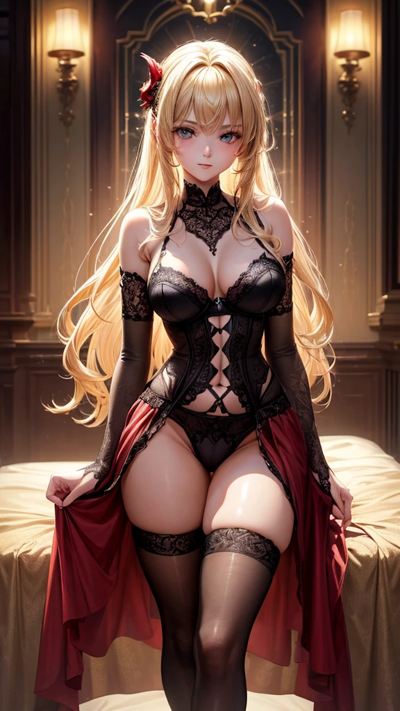 (Highest quality,8k,High resolution,masterpiece:1.2),Digital Art,A woman in her twenties with beautiful flowing blonde hair,Gentle expression,Fascinating,adorable devil, Sexy pose,Charm,First Person View，lingerie，Thigh-high stockings, Imp&#39;s Tail