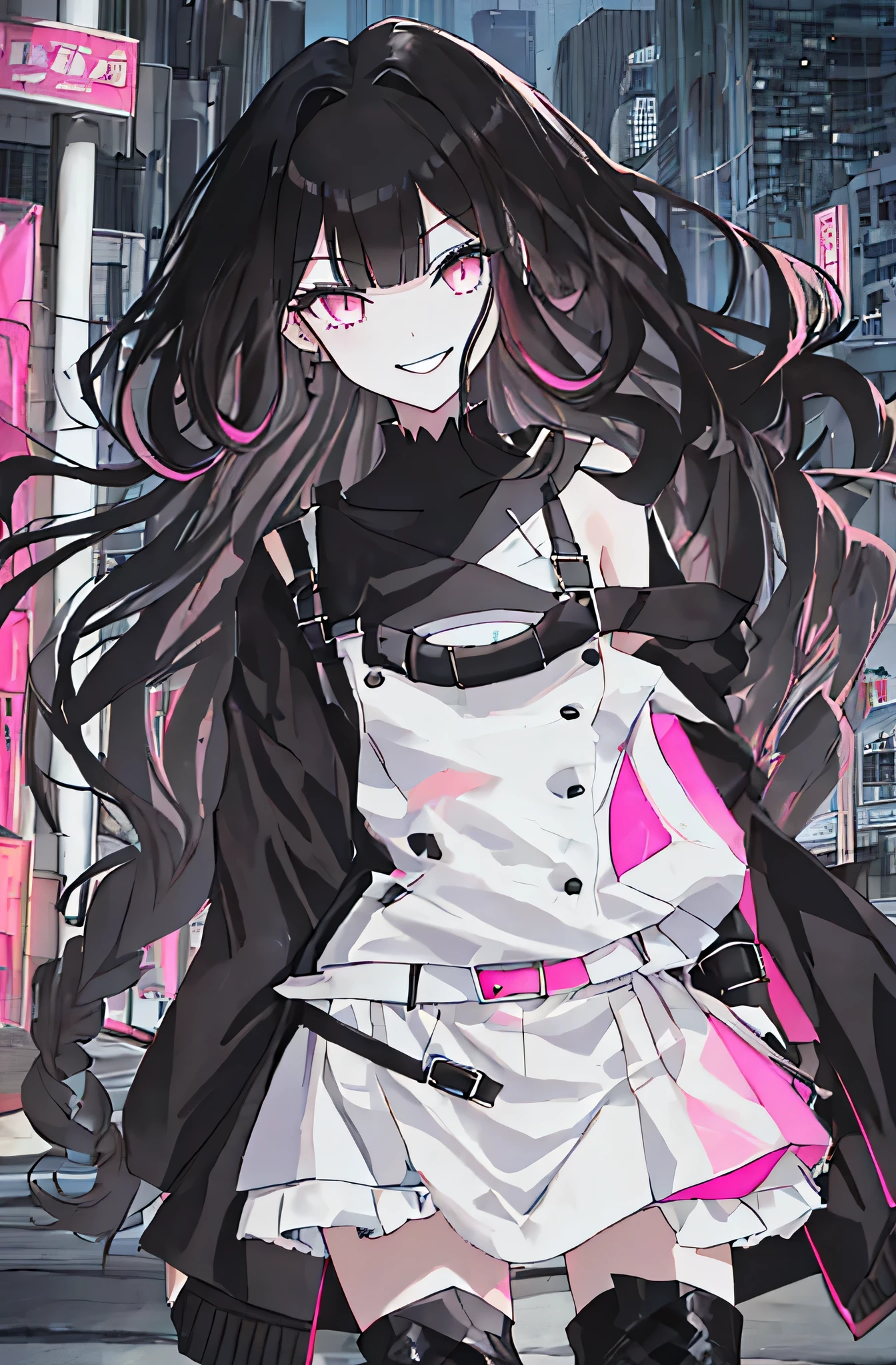 (solo), (girl),(((adult))), (pink eyes),(black long hair),(blunt bangs),(+perfect hand+:1.21),(Draw an illustration of cute girl),(slender),white skin,(white and black maid clothes),laugh,smile,((((adult)))),standing , black and white clothes,((black long hair)),((black long hair)),((black long hair)),((black long hair)),((dynamic angle)),(dynamic pose),party hall,evil smile,((city background)),full body,gothic boots,thin legs,slender,