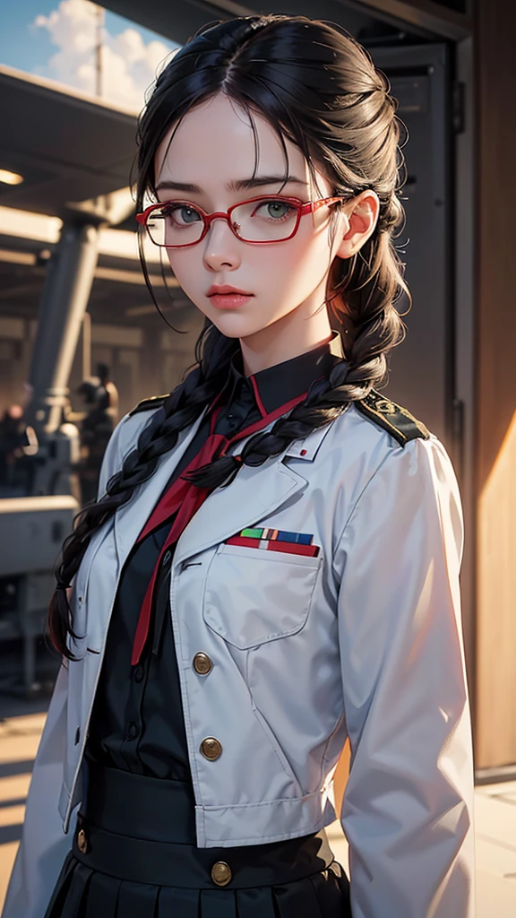 (highest resolution),(Not),((Maximum eye detail))(Beautiful picture),Close-up photo,(Maximum eye detail)),Sci-fi movie poster,(Small chest),(สไตล์ภาพscience fiction),(best quality),(Masterpiece),(Maximum face detail),((As a matter of fact,three dimensional face)),(Maximum facial resolution),adult,east asian woman, shape,black hair,(shill),(double braid hairstyle),green eyes,((red glasses)),(tall military uniform),Wear the uniform of a high-ranking general.,World War II general uniform,long skirt,white coat,future,science fiction,(( standing on the flight deck,air force base, warplane))