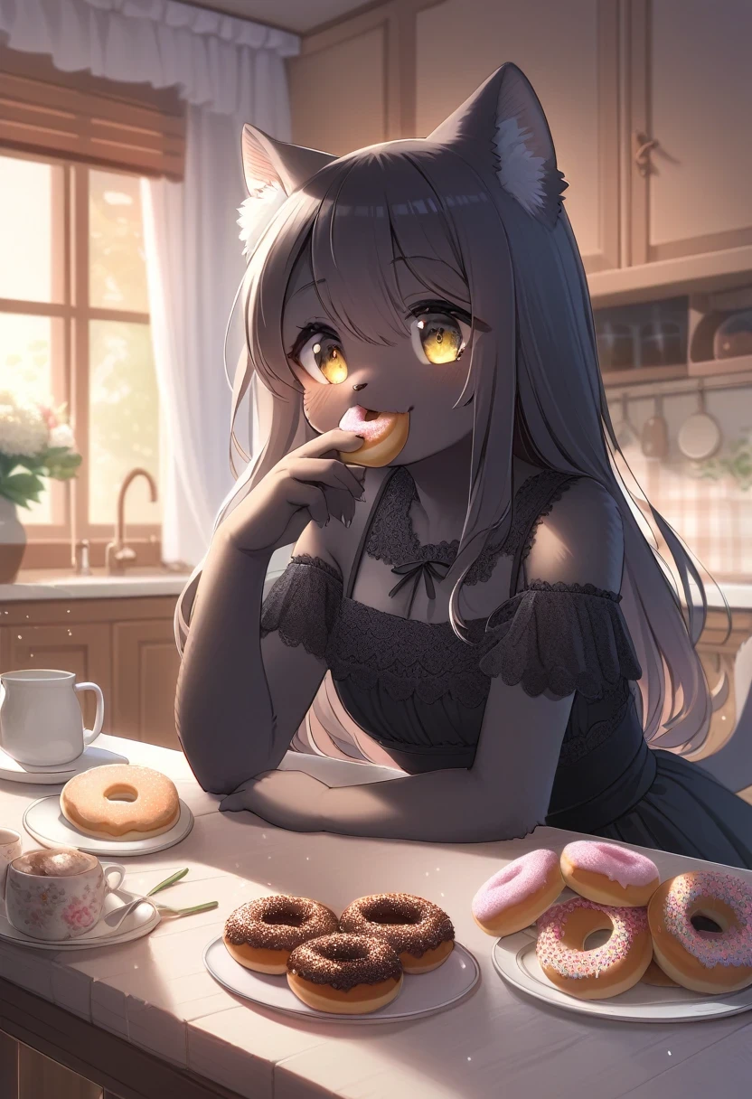 ((Masterpiece)), ((Best Quality)), (Very Detailed), ((Very Detailed)), 4K, (8K), very aesthetic, absurdres highres, 1 girl, (anthropomorphic Black cat, furry, kemono:1.5), A girl wearing a dress is happily eating sugar donuts in her home kitchen. The night lighting creates a calm atmosphere, and the furniture and accessories give a warm, homely feeling. The lace on the girl's dress and the sugar on the donuts are detailed, and the background of the kitchen is decorated with family photos.