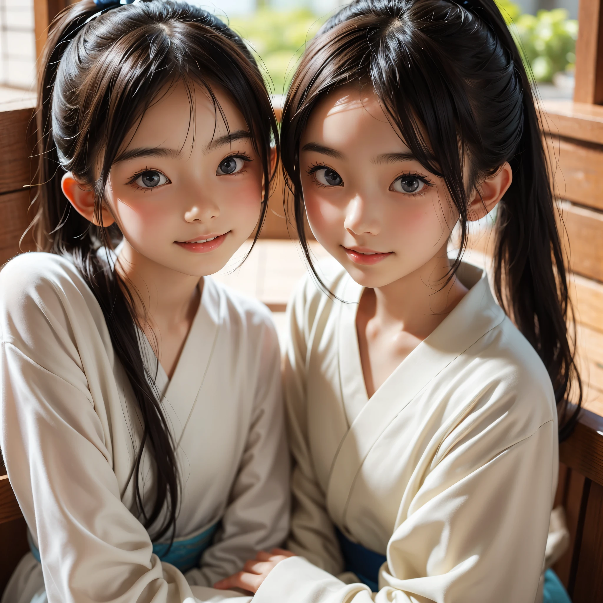 Beautiful 12 year old Japanese woman), cute face, (deeply carved face:0.7), (freckles:0.6), soft light,healthy white skin, shy, (serious face), thin, smile, japanese , ponytail