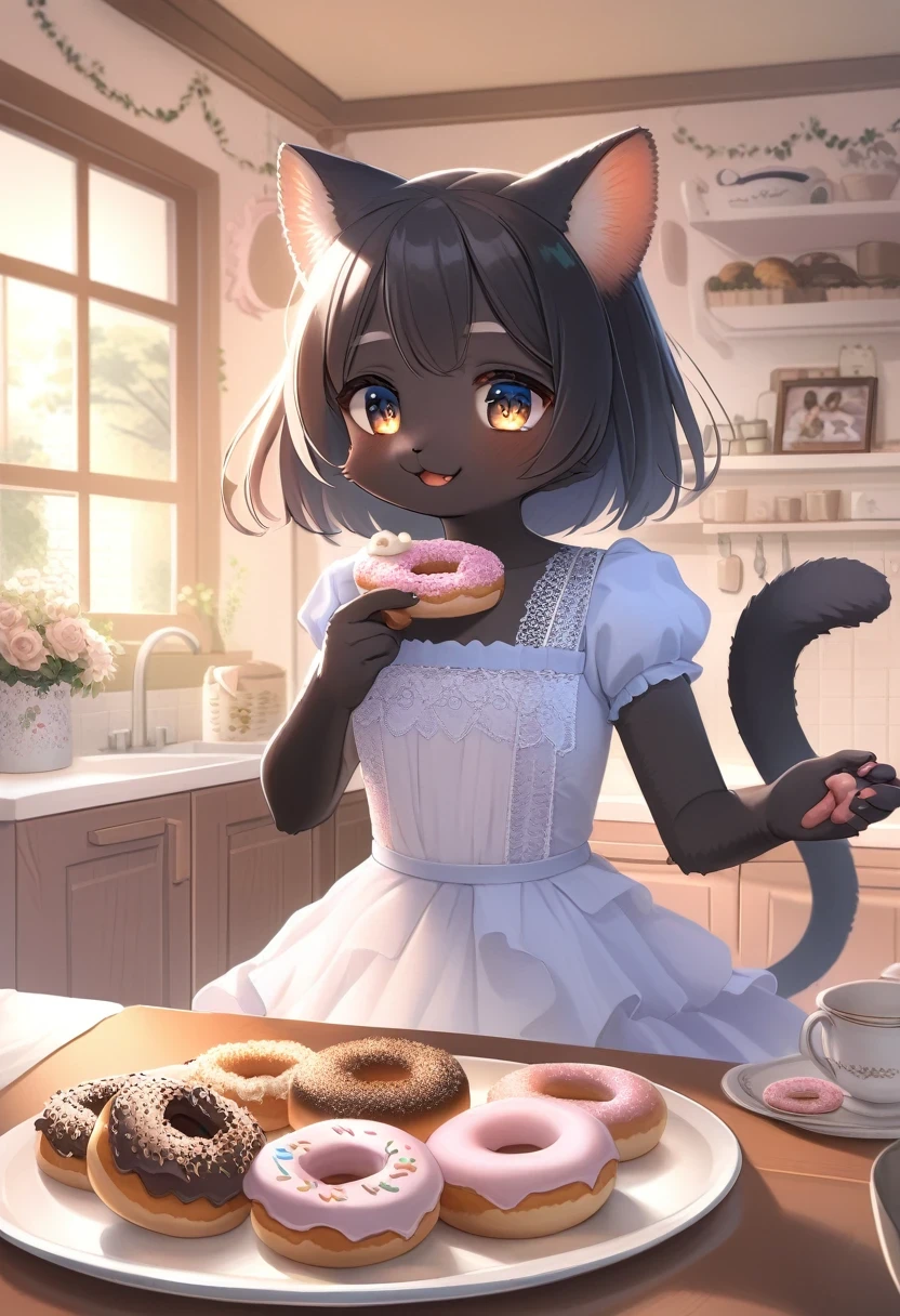 ((Masterpiece)), ((Best Quality)), (Very Detailed), ((Very Detailed)), 4K, (8K), very aesthetic, absurdres highres, 1 girl, (anthropomorphic Black cat, furry, kemono:1.5), A girl wearing a dress is happily eating sugar donuts in her home kitchen. The night lighting creates a calm atmosphere, and the furniture and accessories give a warm, homely feeling. The lace on the girl's dress and the sugar on the donuts are detailed, and the background of the kitchen is decorated with family photos.