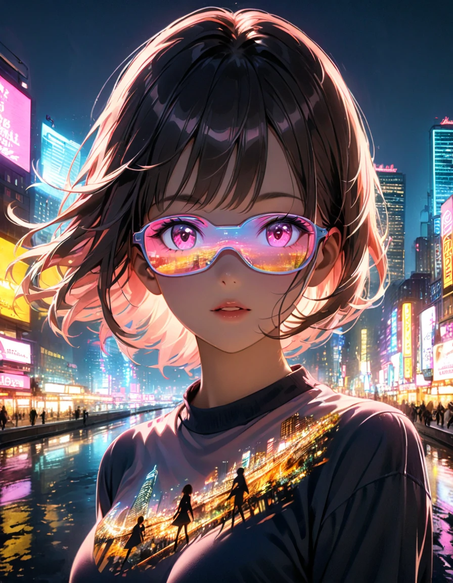 Close-up, double exposure, photoRealstic ((Multiple super exposure effect, in which the background is filled with neon city lights visible through clothing)), Young woman, Girl silhouette, city landscape in the background、wonderful, towards night vision, If you leave the shutter open too long、create a line of light.