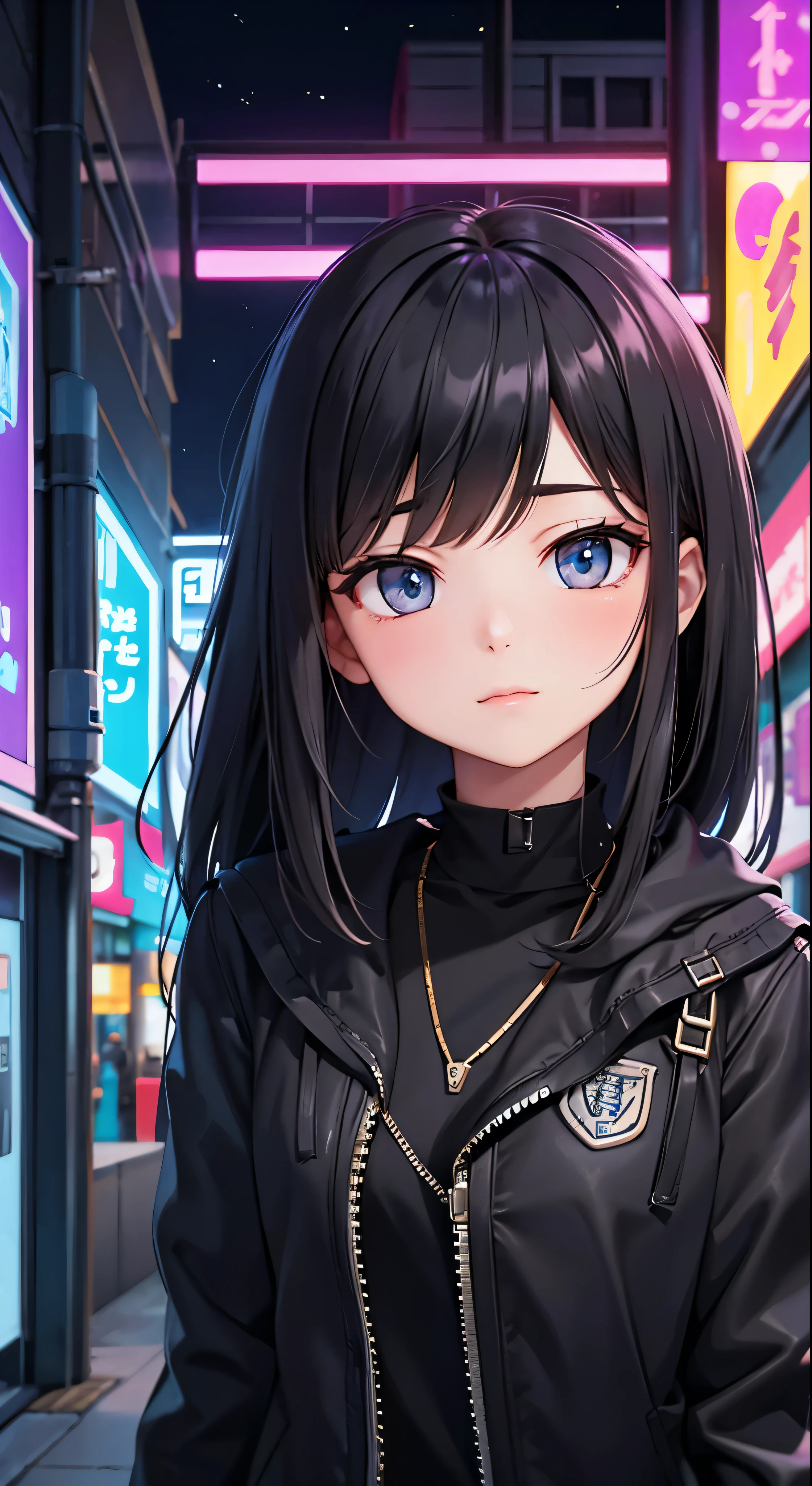 emb-haiz in cyberpunk town at night、beautiful face portrait。She is wearing a white leather open jacket、Black Jeans、Dramatic lighting(Police Badge:1.2)I am wearing。