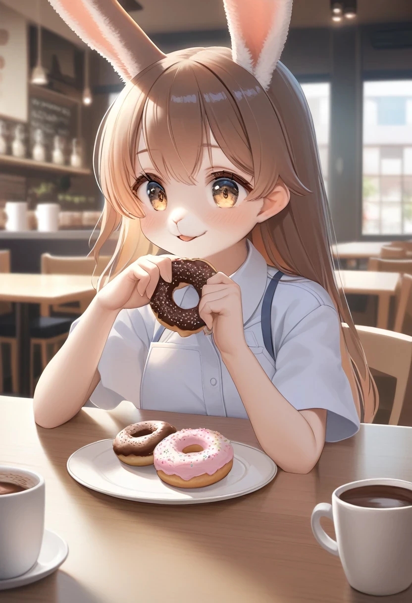 ((Masterpiece)), ((Best Quality)), (Very Detailed), ((Very Detailed)), 4K, (8K), very aesthetic, absurdres highres, 1 girl, (anthropomorphic Rabbit, furry, kemono:1.5), Inside a cafe, a girl wearing casual clothes is happily eating a chocolate donut. The interior of the cafe is bathed in warm natural light, creating a warm atmosphere. The girl's smile shines and the donut's chocolate melts in a realistic depiction.