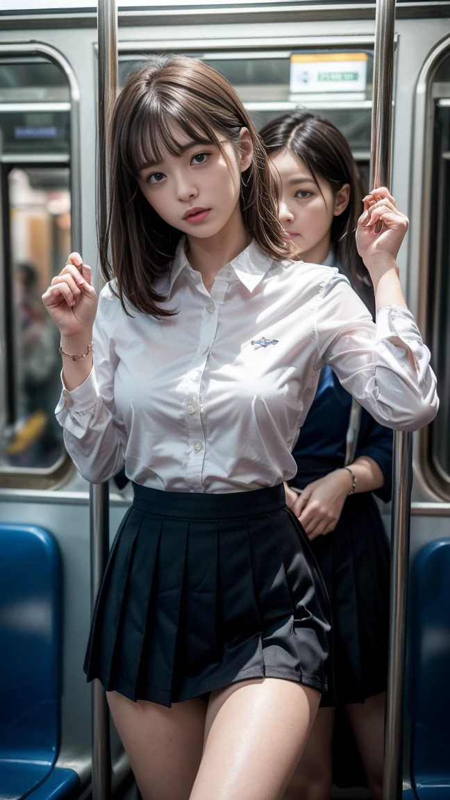 masterpiece, Highest quality, 8k, Young and beautiful girl, Baby Face、The clothes are big、photo shoot, Cute Face, Thighs, (((A lot of men、crowded train、in the train、Surrounded by men、Being touched、Being molested))) (((Embarrassing)))、Embarrassing、No makeup, 10 generations, Detailed face, Background Blur、Tight waist、((((School uniforms、White shirt、Checked mini skirt、Lift up your skirt、Showing pussy、Show me your pussy)))), short hair、Light brown hair、((痛みに耐えながら自分でLift up your skirtください..))、Bright classroom、Thighs、Spread your legs、short hair、(Droopy eyes、Round face、Lovely)、((Many Hands、Please touch my whole body))、(Please be molested by a lot of men、I&#39;ve been molested from behind)、genital、(Touching the body、Chest rubbed、Having your groin touched、Many Handsに、Touching pussy)