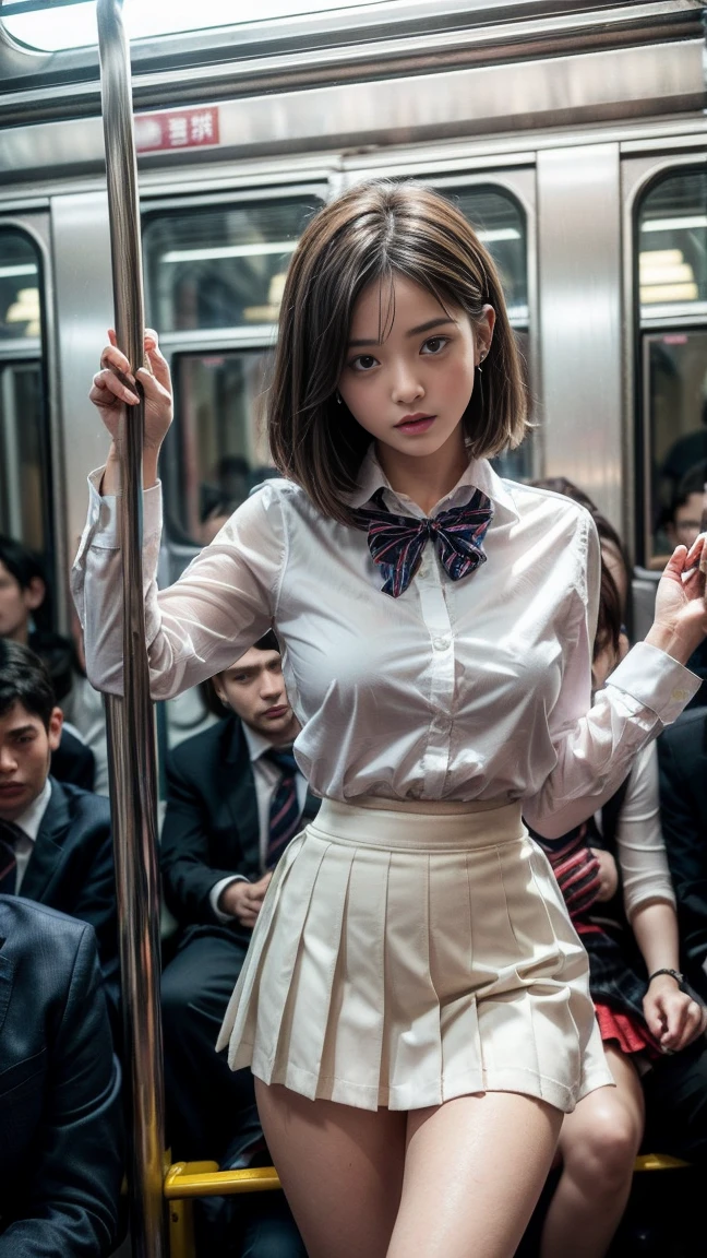 masterpiece, Highest quality, 8k, Young and beautiful girl, 、The clothes are big、photo shoot, Cute Face, Thighs, (((A lot of men、crowded train、in the train、Surrounded by men、Being touched、Being molested))) (((Embarrassing)))、Embarrassing、No makeup, 10 generations, Detailed face, Background Blur、Tight waist、((((School uniforms、White shirt、Checked mini skirt、Lift up your skirt、Showing pussy、Show me your pussy)))), short hair、Light brown hair、((痛みに耐えながら自分でLift up your skirtください..))、Bright classroom、Thighs、Spread your legs、short hair、(Droopy eyes、Round face、Lovely)、((Many Hands、Please touch my whole body))、(Please be molested by a lot of men、I&#39;ve been molested from behind)、genital、(Touching the body、Chest rubbed、Having your groin touched、Many Handsに、Touching pussy)