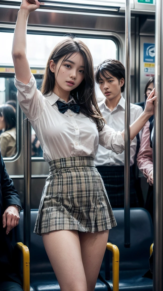 masterpiece, Highest quality, 8k, Young and beautiful girl, 、The clothes are big、photo shoot, Cute Face, Thighs, (((A lot of men、crowded train、in the train、Surrounded by men、Being touched、Being molested))) (((Embarrassing)))、Embarrassing、No makeup, 10 generations, Detailed face, Background Blur、Tight waist、((((School uniforms、White shirt、Checked mini skirt、Lift up your skirt、Showing pussy、Show me your pussy)))), short hair、Light brown hair、((痛みに耐えながら自分でLift up your skirtください..))、Bright classroom、Thighs、Spread your legs、short hair、(Droopy eyes、Round face、Lovely)、((Many Hands、Please touch my whole body))、(Please be molested by a lot of men、I&#39;ve been molested from behind)、genital、(Touching the body、Chest rubbed、Having your groin touched、Many Handsに、Touching pussy)