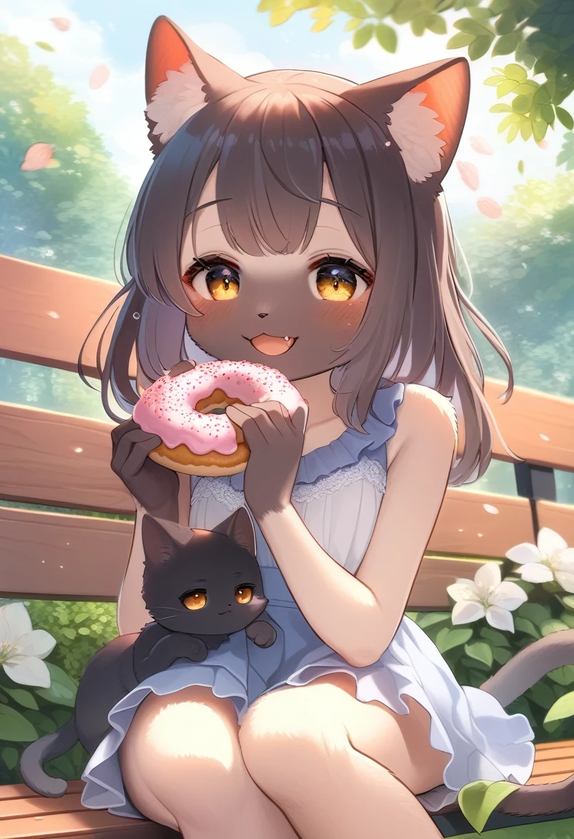 ((Masterpiece)), ((Best Quality)), (Very Detailed), ((Very Detailed)), 4K, (8K), very aesthetic, absurdres highres, 1 girl, (anthropomorphic Black cat, furry, kemono:1.5), Inside a cafe, a girl wearing casual clothes is happily eating a chocolate donut. The interior of the cafe is bathed in warm natural light, creating a warm atmosphere. The girl's smile shines and the donut's chocolate melts in a realistic depiction.