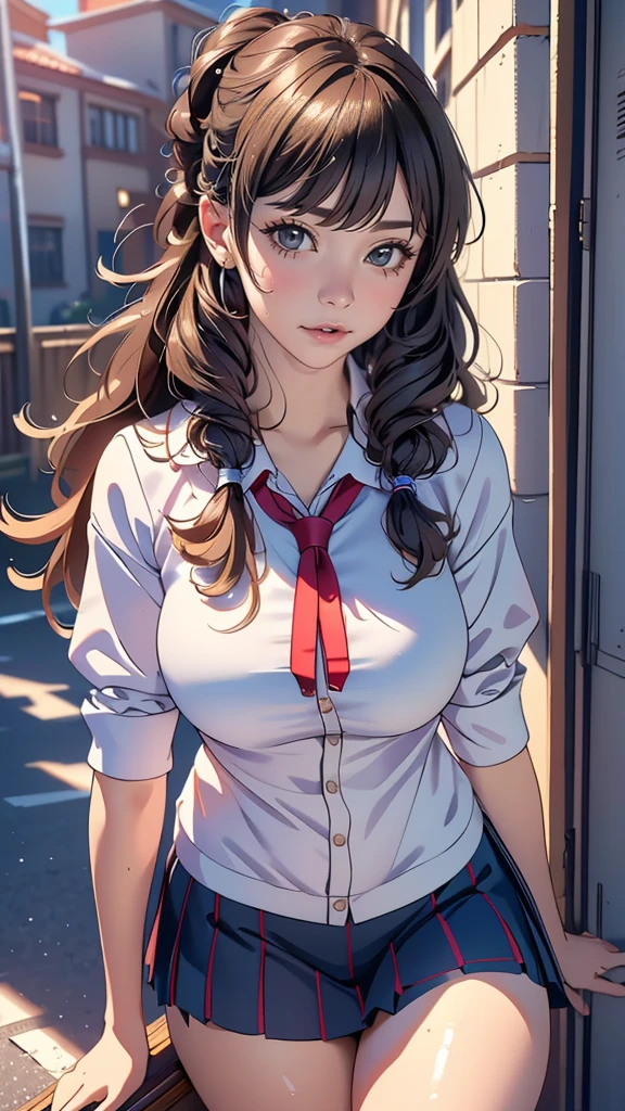 high school girl,(leaning forward:1.2),(random hairstyle),(Highest image quality,(8K), Ultra-realistic, Best Quality, High quality, High Definition, high quality texture, high detailing, Beautiful detailed, fine detailed, extremely details CG, Detailed texture, realistic representation of face, masterpiece, presence)