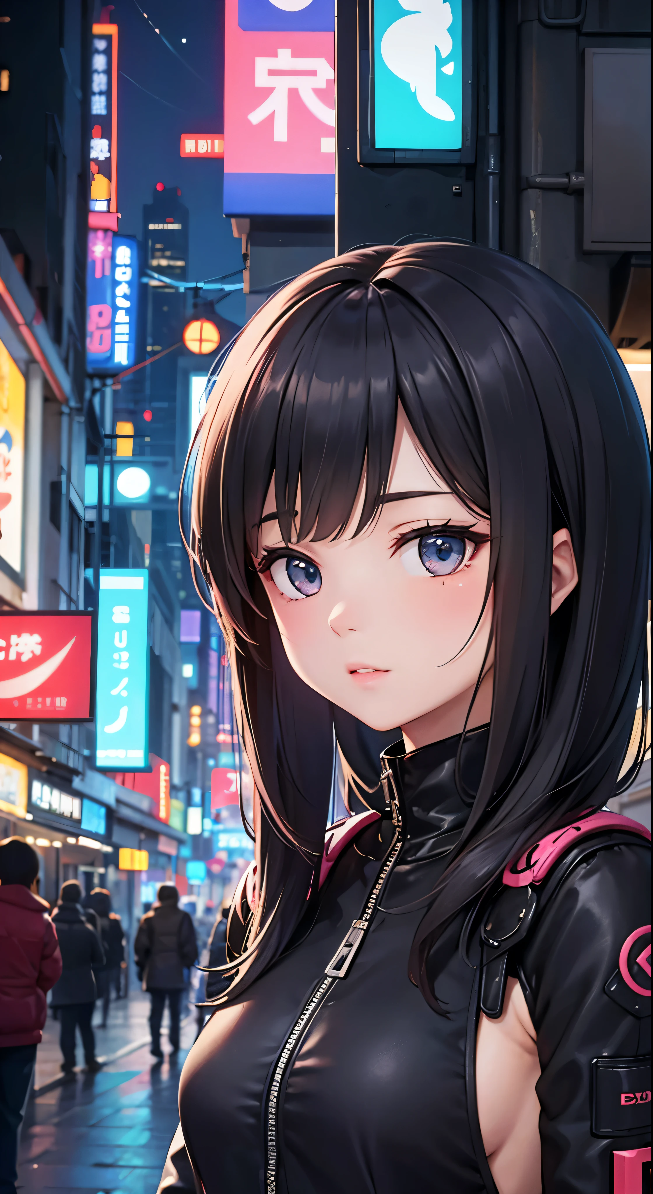 emb-haiz in cyberpunk town at night、beautiful face portrait。She is wearing a red leather open jacket、Black Jeans、Dramatic lighting(Police Badge:1.2)I am wearing。Facial details，Full body high quality images