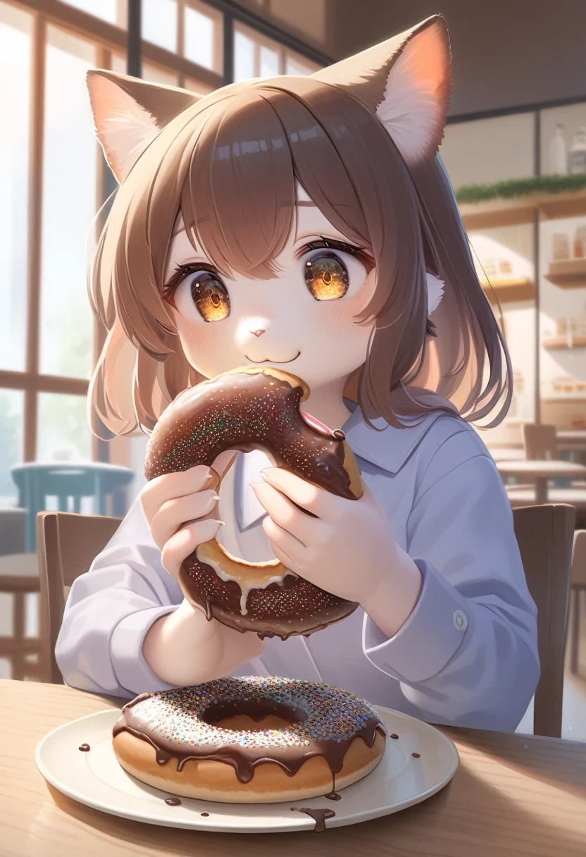 ((Masterpiece)), ((Best Quality)), (Very Detailed), ((Very Detailed)), 4K, (8K), very aesthetic, absurdres highres, 1 girl, (anthropomorphic cat, furry, kemono:1.5), Inside a cafe, a girl wearing casual clothes is happily eating a chocolate donut. The interior of the cafe is bathed in warm natural light, creating a warm atmosphere. The girl's smile shines and the donut's chocolate melts in a realistic depiction.