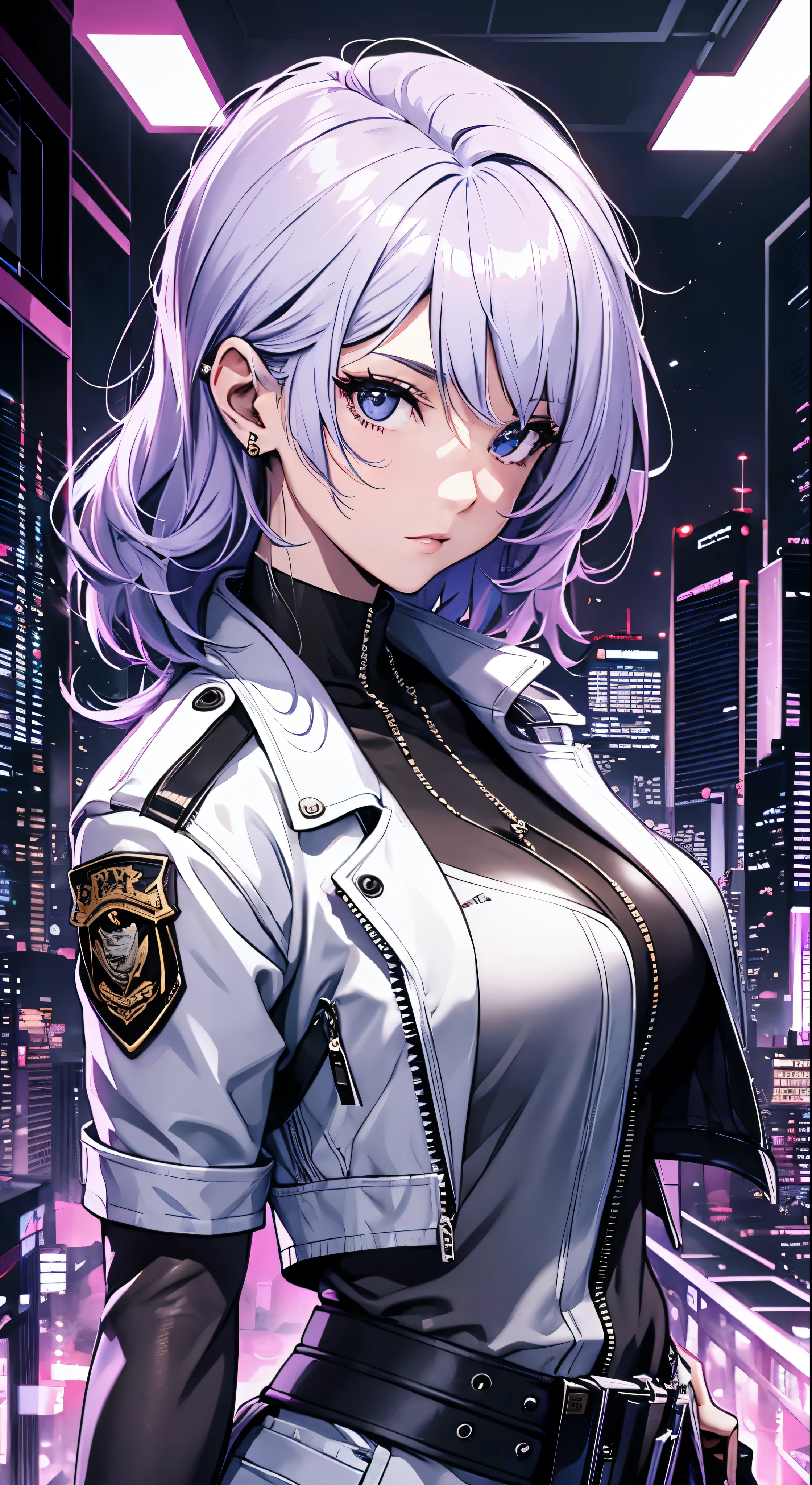 emb-haiz in cyberpunk town at night、beautiful face portrait。She is wearing a white leather open jacket、Black Jeans、Dramatic lighting(Police Badge:1.2)I am wearing。