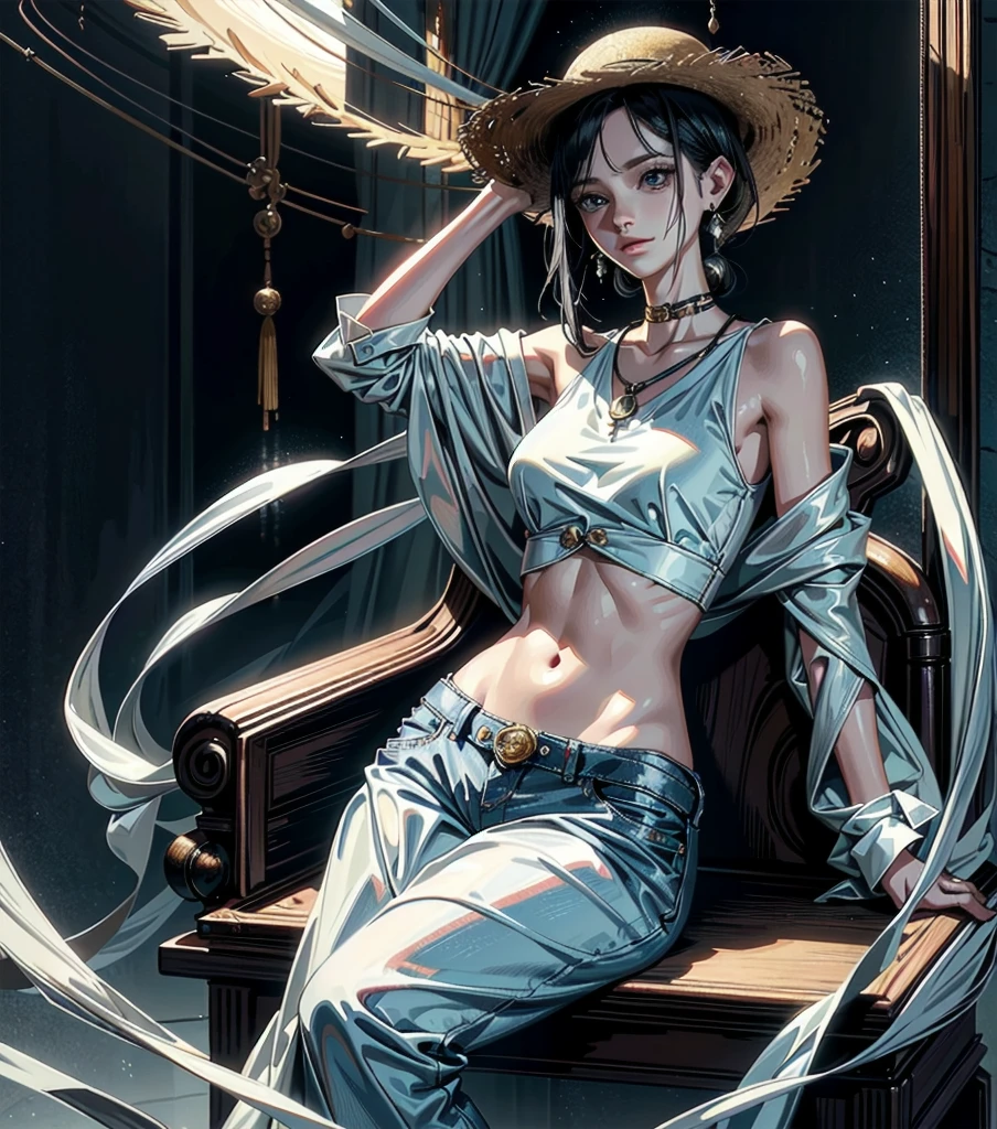 absurdres, RAW photo, extremely delicate and beautiful, masterpiece, Best Quality, ultra high resolution, 32k, hyperrealistic, ultra-detailed, Very detailed CG 8k wallpaper, detailed background, landscape, Beautiful Lighting, Perfect Lightning, Realistic Shadows, perfect anatomy, anatomically correct, perfect figure, Perfect Style, Perfect balance, super Detailed skin, in her 30s, very Slim body, narrow waist, very small head, very small face, delicate facial features, handsome detailed woman, very detailed eyes and face, realistic face proportions, Realistic beautiful face, Realistic beautiful eyes, tearful mole, earring, whole body shot, very huge round tits, medium hair, asymmetrical hair, indoor, casual, blouse, white shirt, buttoned shirt, bare shoulders, collarbone, midriff, navel, shorts, straw hat,
