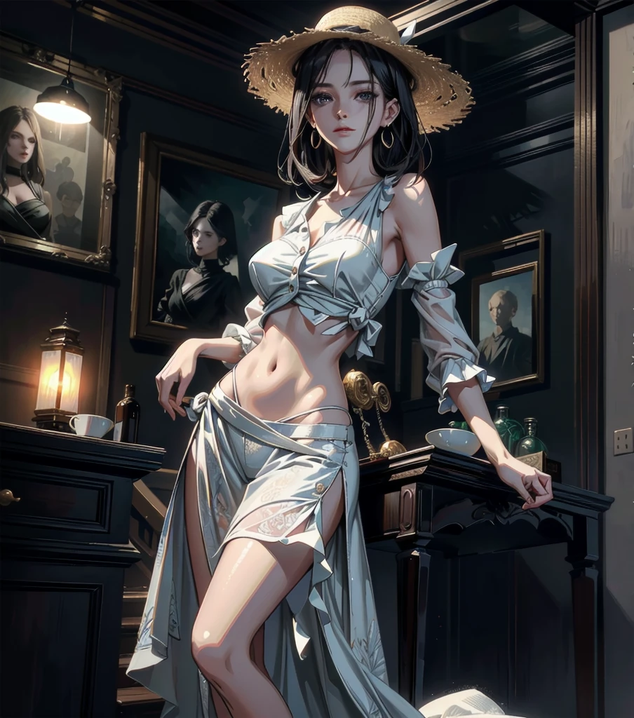 absurdres, RAW photo, extremely delicate and beautiful, masterpiece, Best Quality, ultra high resolution, 32k, hyperrealistic, ultra-detailed, Very detailed CG 8k wallpaper, detailed background, landscape, Beautiful Lighting, Perfect Lightning, Realistic Shadows, perfect anatomy, anatomically correct, perfect figure, Perfect Style, Perfect balance, super Detailed skin, in her 30s, very Slim body, narrow waist, very small head, very small face, delicate facial features, handsome detailed woman, very detailed eyes and face, realistic face proportions, Realistic beautiful face, Realistic beautiful eyes, tearful mole, earring, whole body shot, very huge round tits, medium hair, asymmetrical hair, indoor, casual, blouse, white shirt, buttoned shirt, bare shoulders, collarbone, midriff, navel, shorts, straw hat,