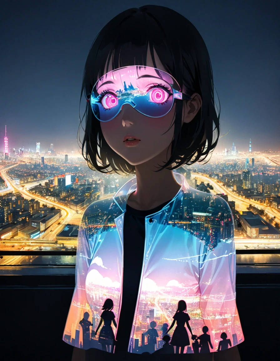 Close-up, double exposure, photoRealstic ((Multiple super exposure effect, in which the background is filled with neon city lights visible through clothing)), Young woman, ktmono, Girl silhouette, city landscape in the background、wonderful, towards night vision, If you leave the shutter open too long、create a line of light.
