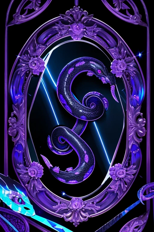 broken mirror showing a black snake with glowing purple eyes and some blue scales