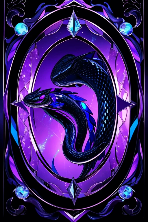 broken mirror showing a black snake with glowing purple eyes and some blue scales
