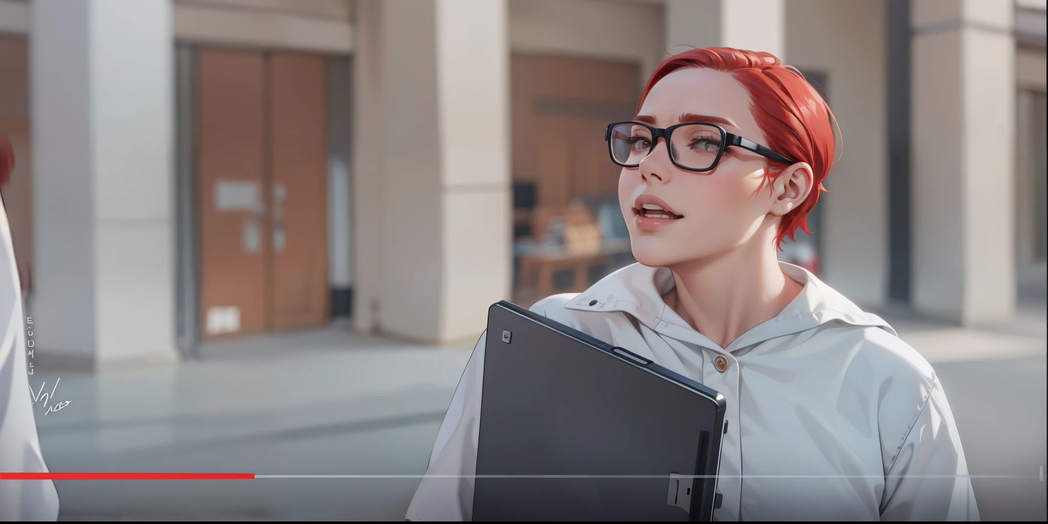 40 year old woman teacher with red hair speaks to someone with distrust