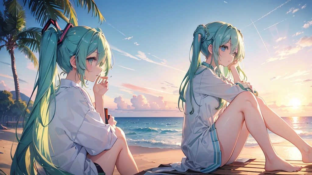 (((Highest quality、masterpiece、Ultra-fine、Ultra-fine、Bun Hair Up,Green Hair,Exquisite、16K、Full HD、Asahi、profile,Sitting,Hatsune Miku,))), ((summer,White casual clothes,)))Blue Eyes、Long eyelashes、White skin、(Pale pink lips、Pale pink cheeks、thin and long)、 (((cute,)), ((One person)) 、(blue sky)) 、 (The golden sunset on the beach, a beautiful gradation that colors the sky)、