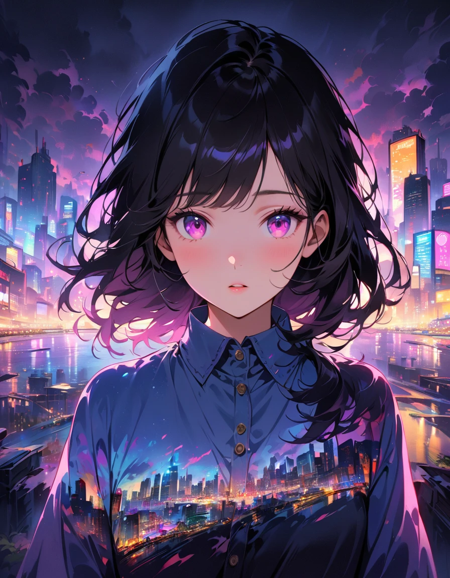 Close-up, double exposure, photoRealstic ((Multiple super exposure effect, in which the background is filled with neon city lights visible through clothing)), Young woman, Girl silhouette, city landscape in the background、wonderful, towards night vision, If you leave the shutter open too long、create a line of light.