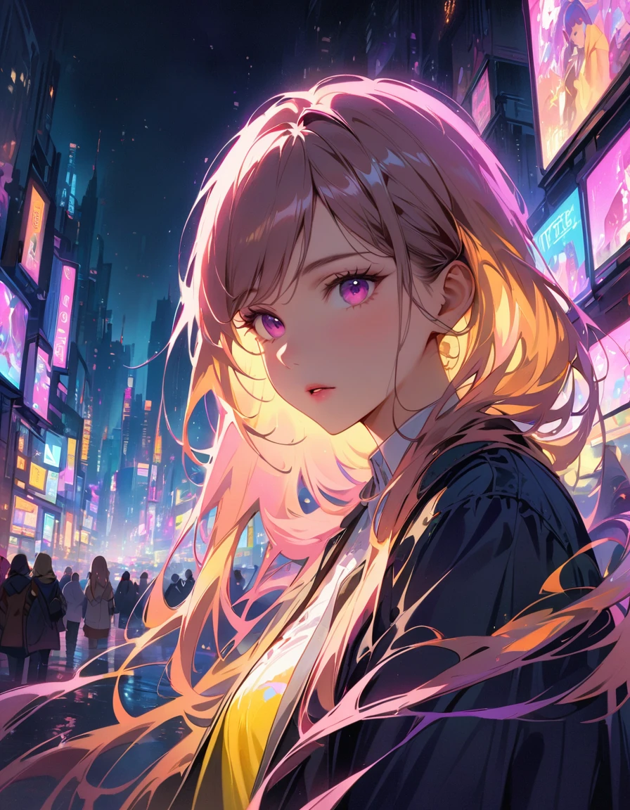Close-up, double exposure, photoRealstic ((Multiple super exposure effect, in which the background is filled with neon city lights visible through clothing)), Young woman, Girl silhouette, city landscape in the background、wonderful, towards night vision, If you leave the shutter open too long、create a line of light.