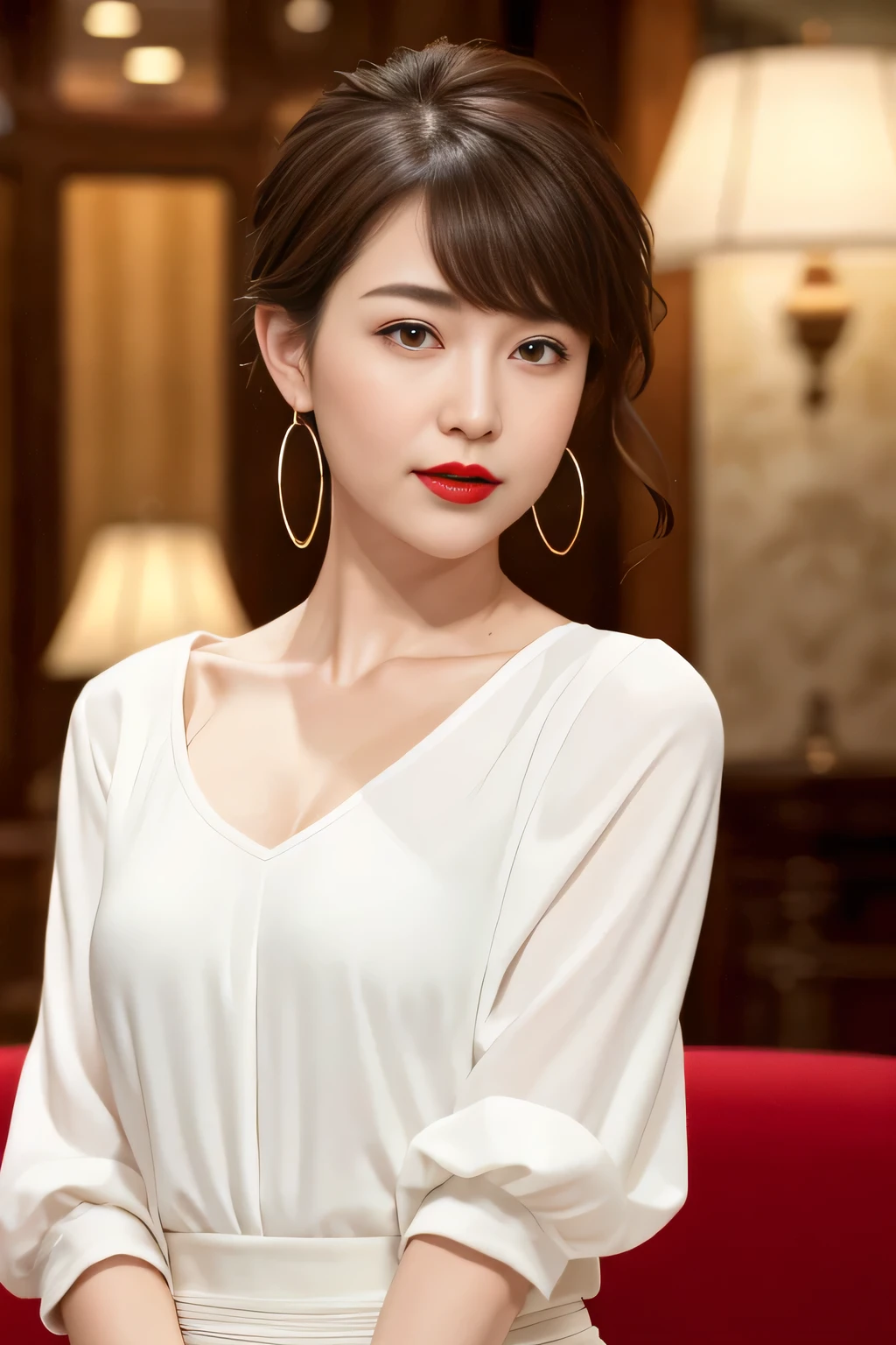 (Red lips), ((Looking into the camera)), (look forward to), Upper Body, Short Bob Hair, (Wavy Hair), Shapely small breasts, Sexy pose with twisted hips, brown hair, light brown hair, hair slicked back, low ponytail, hoop earrings, scowl, folded ponytail, bangs pinned back, empty eyes, amber eyes, hoop earrings, hoop earrings, heart earrings, drunk, widow's peak, depth of field, uhd, masterpiece, high quality, best quality, super detail, 8k、One Japanese woman、30 years old、Looking this way、(Bust up shot:1.4)、Small shapely breasts、background:hotel lobby、Focused eyes、Detailed eyes、Detailed face、White T-shirt、Symmetrical eyes、Heavy makeup、