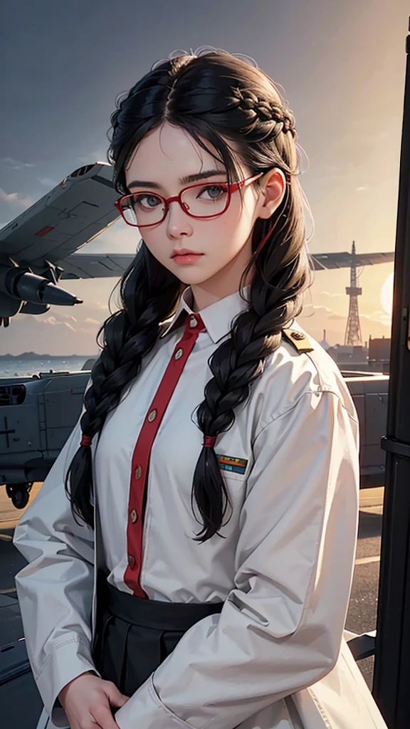 (highest resolution),(Not),((Maximum eye detail))(Beautiful picture),Close-up photo,(Maximum eye detail)),Sci-fi movie poster,(Small chest),(สไตล์ภาพscience fiction),(best quality),(Masterpiece),(Maximum facial detail),(Maximum facial clarity),((As a matter of fact,three dimensional face)),(Maximum facial resolution),adult,east asian woman, shape,black hair,((shill)),(double braid hairstyle),green eyes,((red glasses)),(tall military uniform),Wear the uniform of a high-ranking general.,World War II general uniform,long skirt,white coat,future,science fiction,(( standing on the flight deck,air force base, warplane))