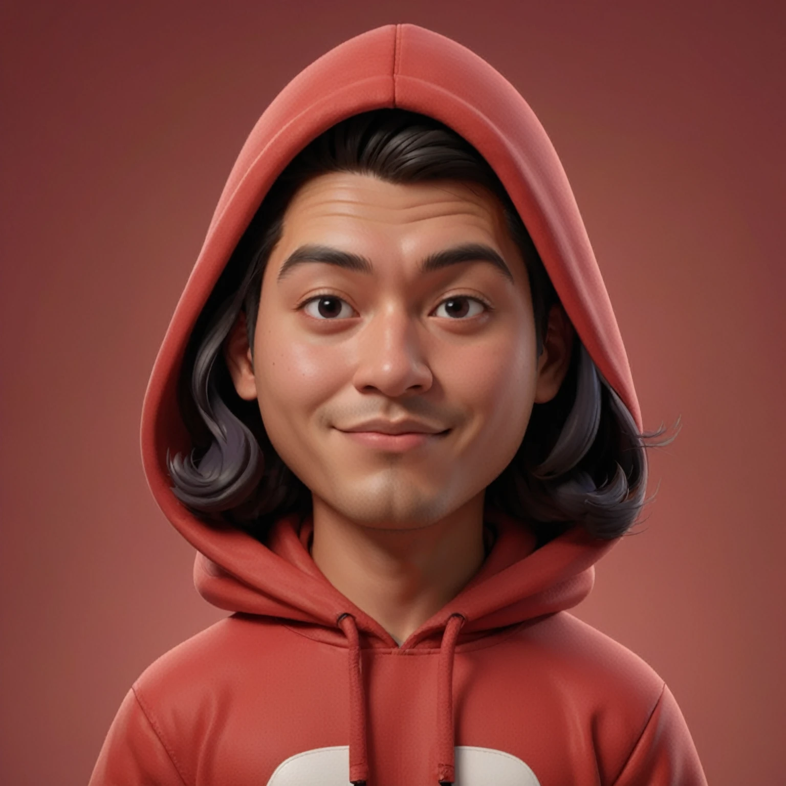 Create a realistic 3D cartoon caricature of a 25-year-old man with a big head, long hair in a bun, wearing a purple windbreaker jacket, clean face, poker face expression, half body closeup, facing the camera, with a colorful and cheerful 3D cartoon style, dark blue background, Caricature.