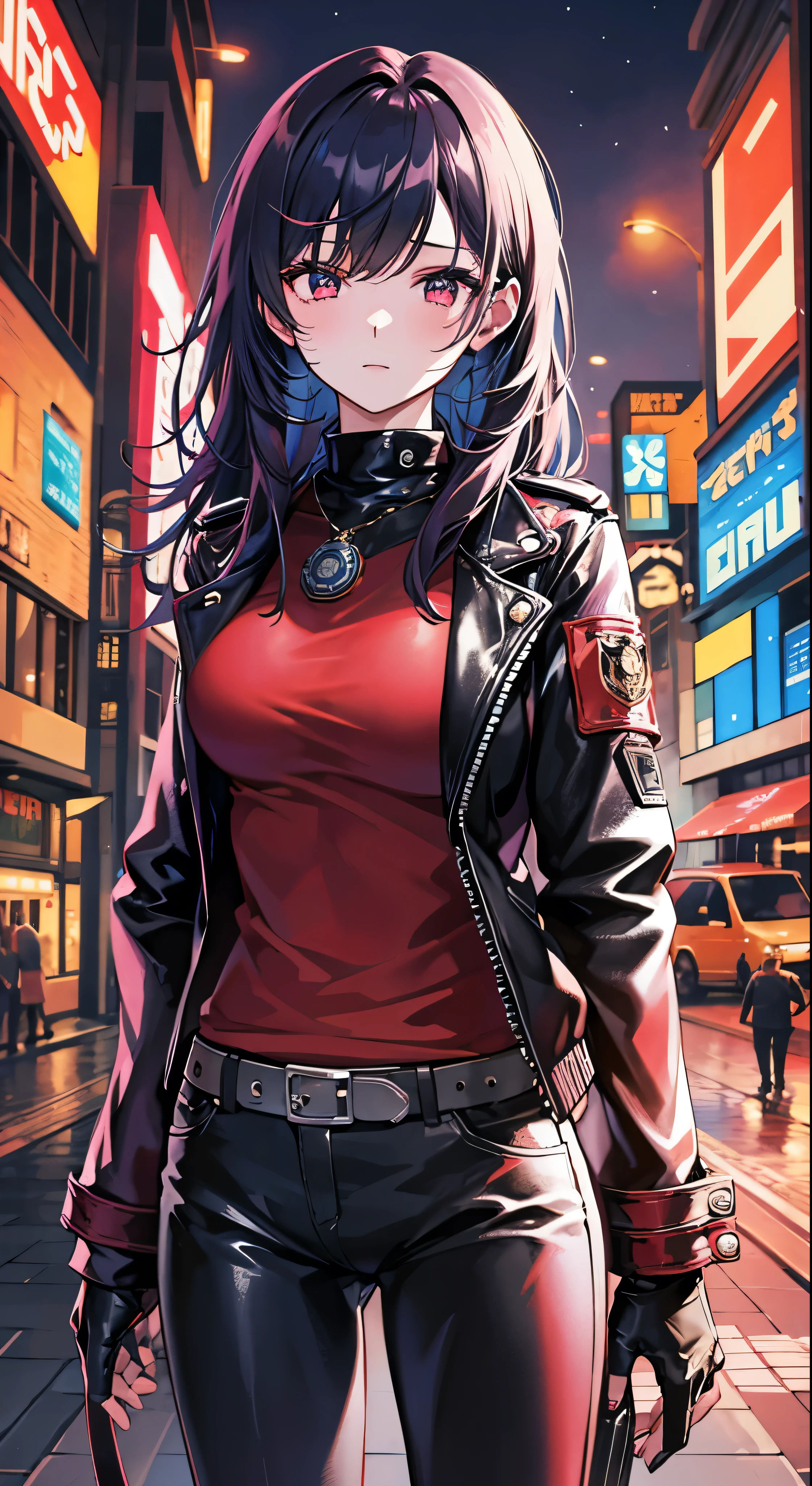 emb-haiz in cyberpunk town at night、beautiful face portrait。She is wearing a red leather open jacket、Black Jeans、Dramatic lighting(Police Badge:1.2)I am wearing。Facial details，Full body high quality images