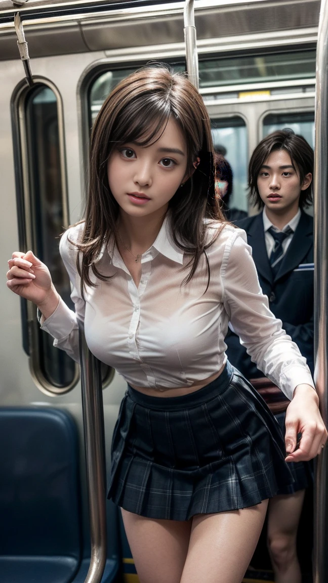 masterpiece, Highest quality, 8k, Young and beautiful girl, *********、The clothes are big、photo shoot, Cute Face, Thighs, (((A lot of men、crowded train、in the train、Surrounded by men、Being touched、Being molested))) (((Embarrassing)))、Embarrassing、No makeup, 10 generations, Detailed face, Background Blur、Tight waist、((((School uniforms、White shirt、Checked mini skirt、Lift up your skirt、Showing pussy、Show me your pussy)))), short hair、Light brown hair、((痛みに耐えながら自分でLift up your skirtください..))、Bright classroom、Thighs、Spread your legs、short hair、(Droopy eyes、Round face、Lovely)、((Many Hands、Please touch my whole body))、(Please be molested by a lot of men、I&#39;ve been molested from behind)、genital、(Touching the body、Chest rubbed、Having your groin touched、Many Handsに、Touching pussy)、(((Man hugging、Many men hugging from behind、Men please rub the girls&#39; breasts)))