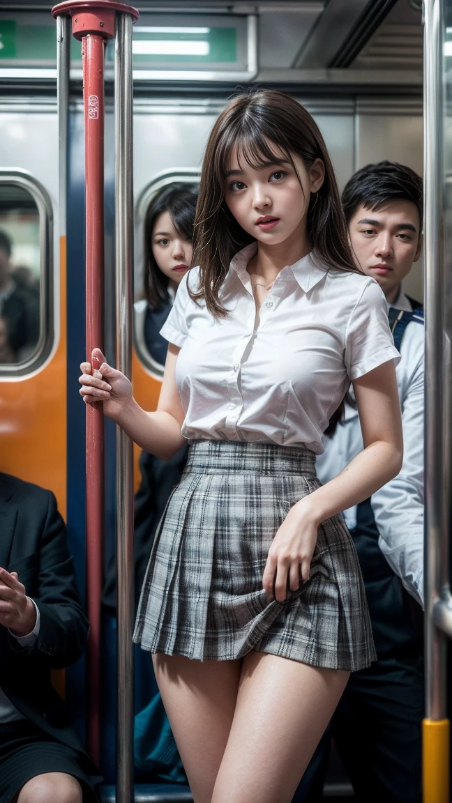 masterpiece, Highest quality, 8k, Young and beautiful girl, 、The clothes are big、photo shoot, Cute Face, Thighs, (((A lot of men、crowded train、in the train、Surrounded by men、Being touched、Being molested))) (((Embarrassing)))、Embarrassing、No makeup, 10 generations, Detailed face, Background Blur、Tight waist、((((School uniforms、White shirt、Checked mini skirt、Lift up your skirt、Showing pussy、Show me your pussy)))), short hair、Light brown hair、((痛みに耐えながら自分でLift up your skirtください..))、Bright classroom、Thighs、Spread your legs、short hair、(Droopy eyes、Round face、Lovely)、((Many Hands、Please touch my whole body))、(Please be molested by a lot of men、I&#39;ve been molested from behind)、genital、(Touching the body、Chest rubbed、Having your groin touched、Many Handsに、Touching pussy)、(((Man hugging、Many men hugging from behind、Men please rub the girls&#39; breasts)))