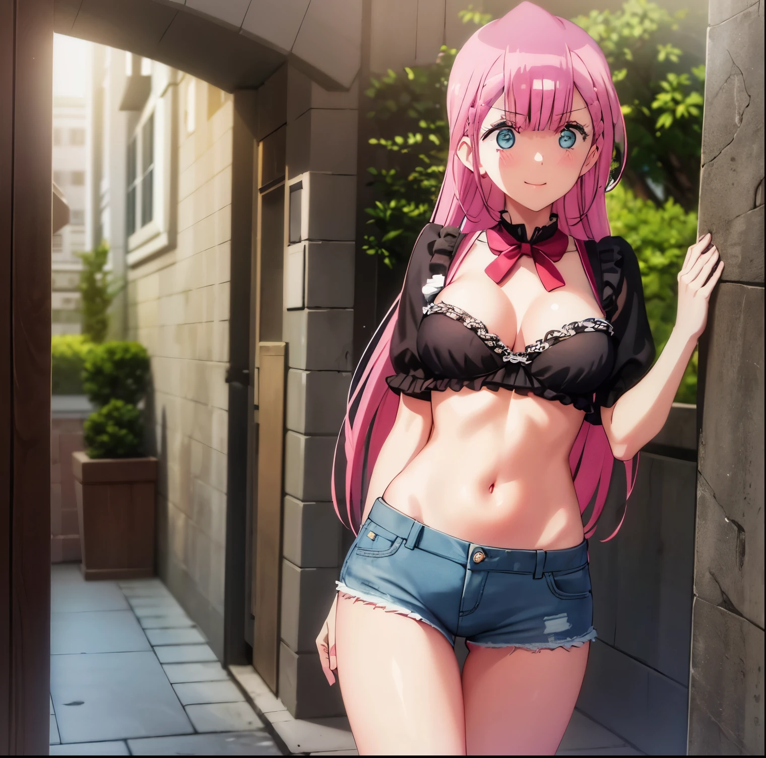 (1girl)),((alone)),Kirisu Mafuyu,(masterpiece), (best quality), (ultra detailed), (best illustration), (best shadow), (absurdities), sharp focus, cowboy shot, dynamic posture looking at the viewer, big breasts, narrow waist, wide hips, wide thighs, round butt, erotic, romantic, (very detailed eyes, lips 1.1), mature woman, very detailed eyes, eyes, very detailed face, very beautiful face , full height, beautiful slim figure, femininity, expressive appearance, elastic big breasts, sexuality, long hair, pink hair, blue eyes, hair between eyes, braid, underwear, shorts, panties, breasts, open fly, ribbon, navel, big breasts, pink camisole, cleavage, smile, panties with bow, two sides up, abdomen, unbuttoned, black shorts, open shorts, denim, unbuttoned, defined body, perfect and beautiful body, perfect and beautiful, closed mouth, smile, seductive smile, blush, (sexy pose: 1.2), ((solo)), standing: 1.3, outdoor, cityscape streets, city, night, city lights, looking forward, ((focus on breasts), point of view: (from middle)), red blush, perfect anatomy, perfect hands