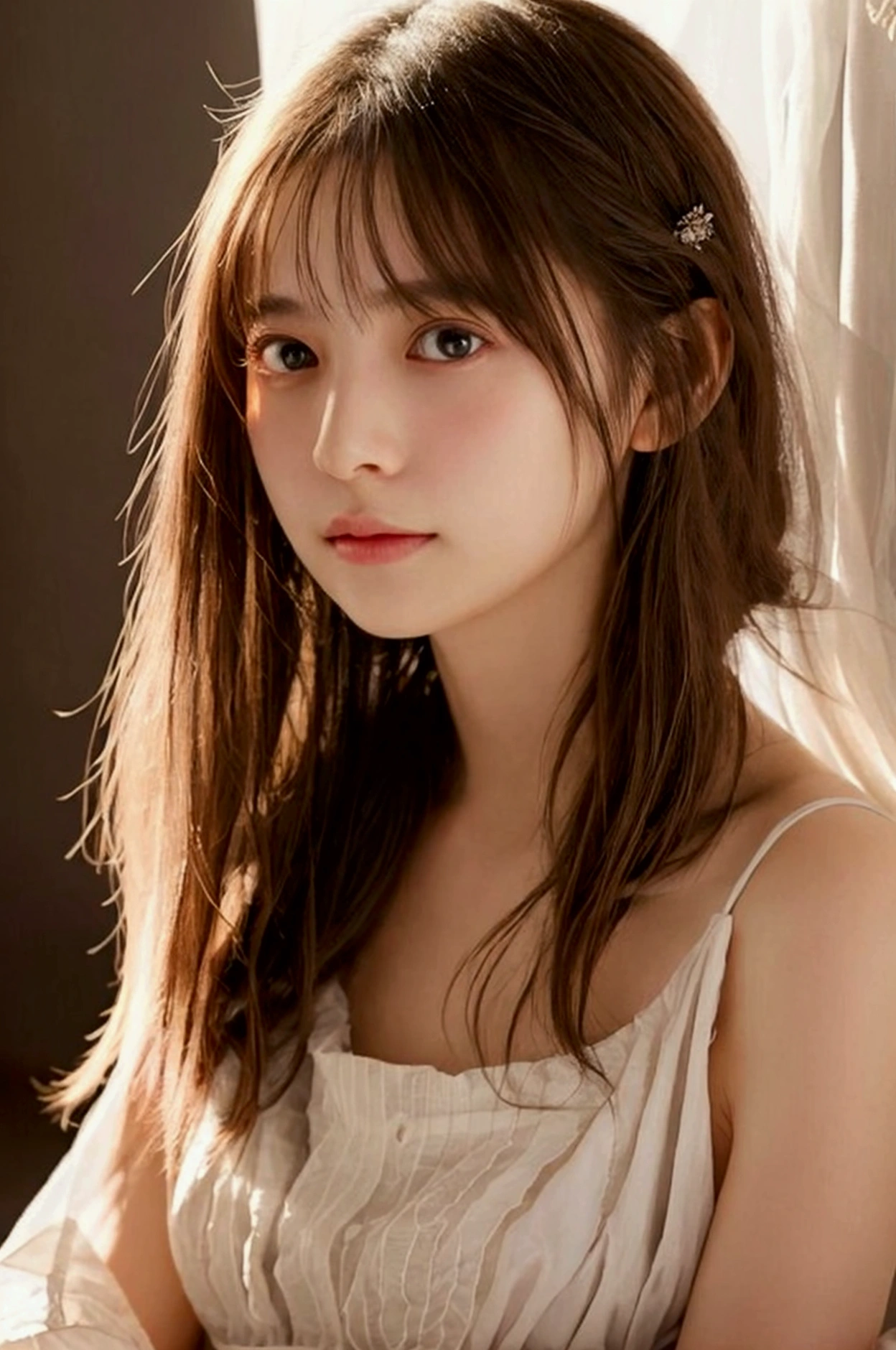 Highest quality,4K,8k,High resolution,masterpiece:1.2,Very detailed,Realistic:1.37,Portraiture,Soft colors,Gentle light,A girl exuding fatigue,Long flowing hair,Delicate features,Deeply contemplative eyes,White skin,Happy expression,Soft pastel colors,Great atmosphere,Sleeveless dress,Subtle brushwork,Dreamlike composition,Gazing into the distance,,Romantic atmosphere、Roppongi nightlife、,Calm colors,Soft Shadows、