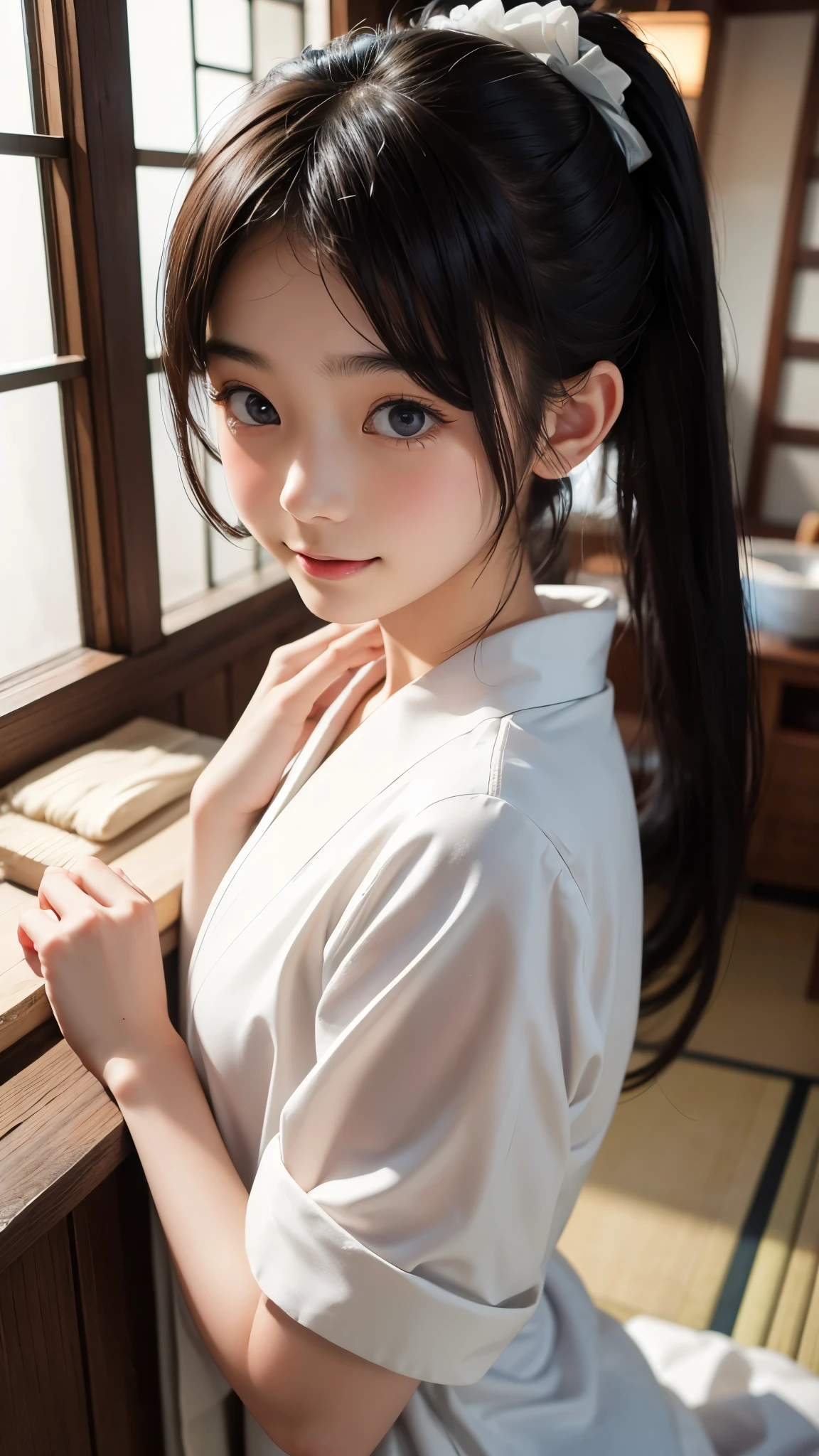 Beautiful  Japanese woman), cute face, (deeply carved face:0.7), (freckles:0.6), soft light,healthy white skin, shy, (serious face), thin, smile, japanese , ponytail